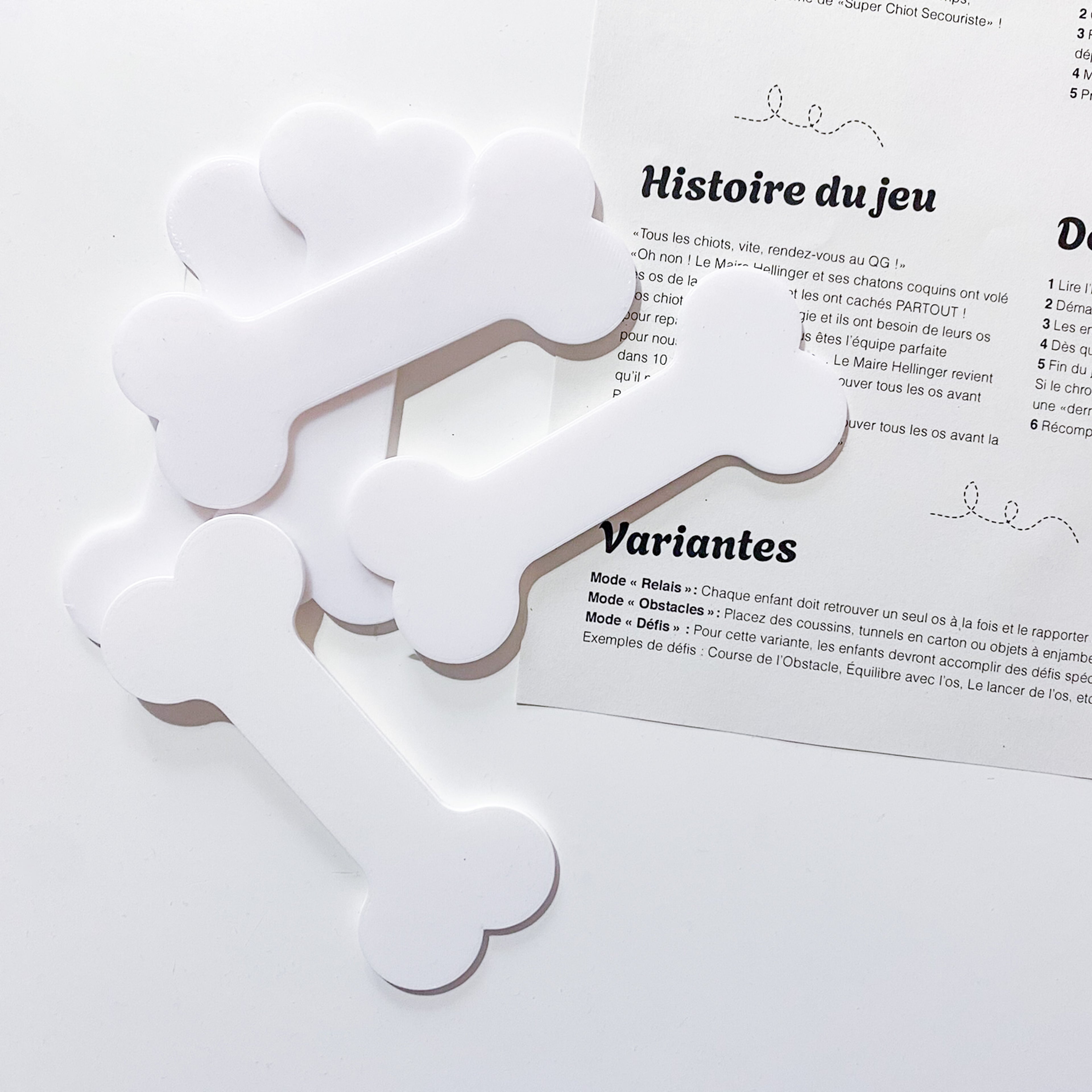 Gros plan sur les os blancs à cacher et la fiche des variantes du jeu de piste Mission Os Perdus pour enfants.