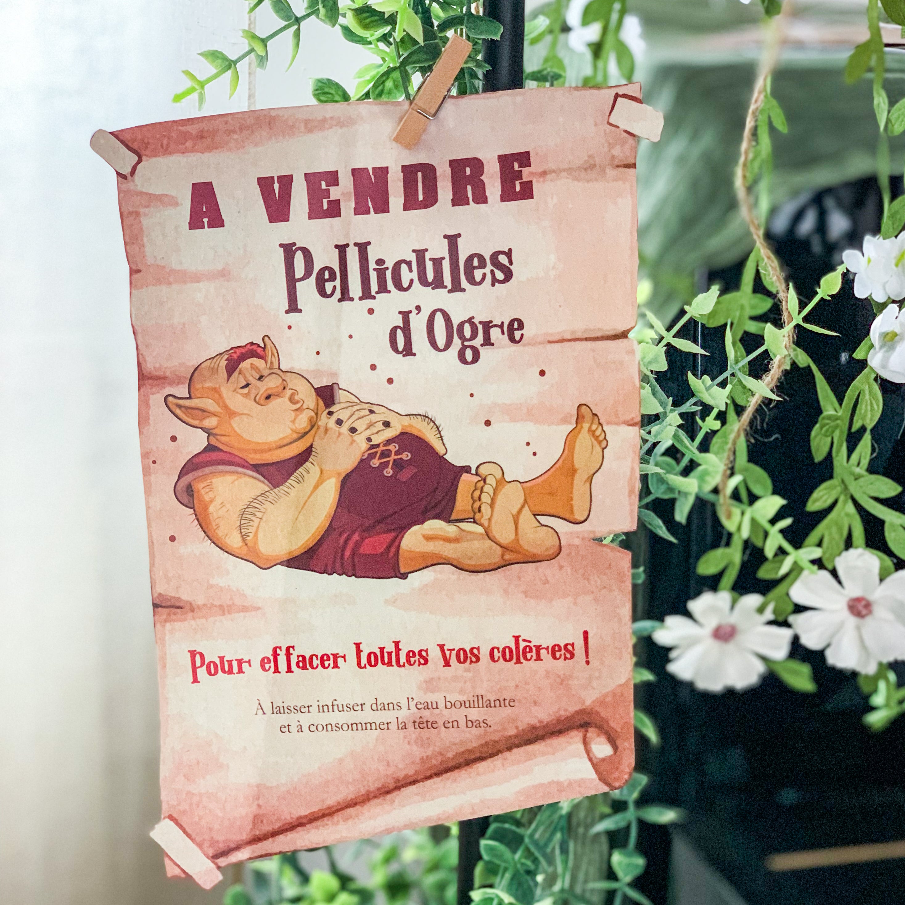 Affiche parchemin magique humoristique avec un ogre endormi, texte 'À vendre pellicules d’ogre – pour effacer toutes vos colères', décoration féerique à imprimer thème forêt enchantée.
