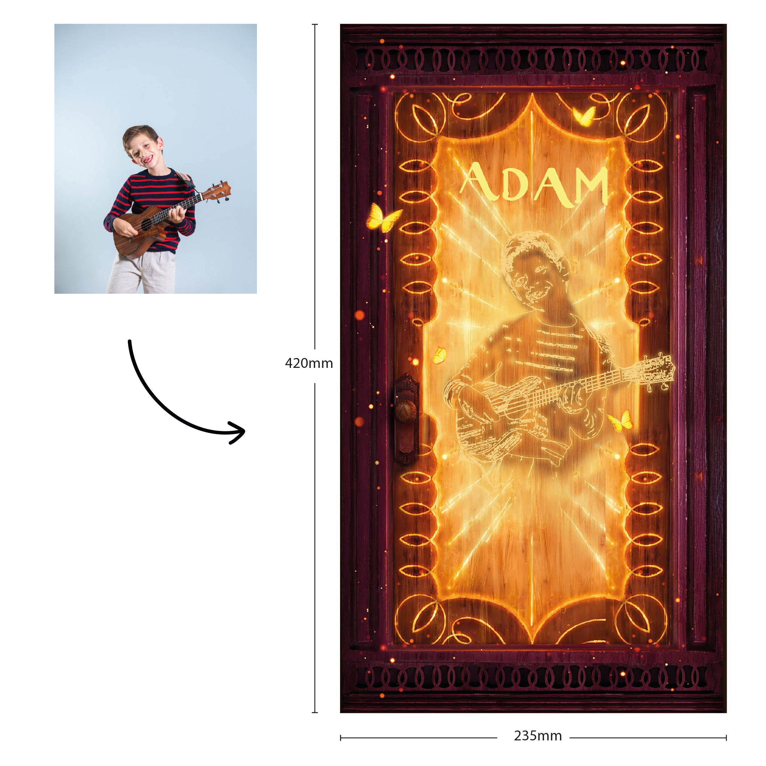 Affiche porte magique personnalisée avec prénom Adam, création numérique à partir d’une photo d’enfant jouant du ukulélé, dans le style lumineux inspiré du film Encanto, format 420x235 mm.