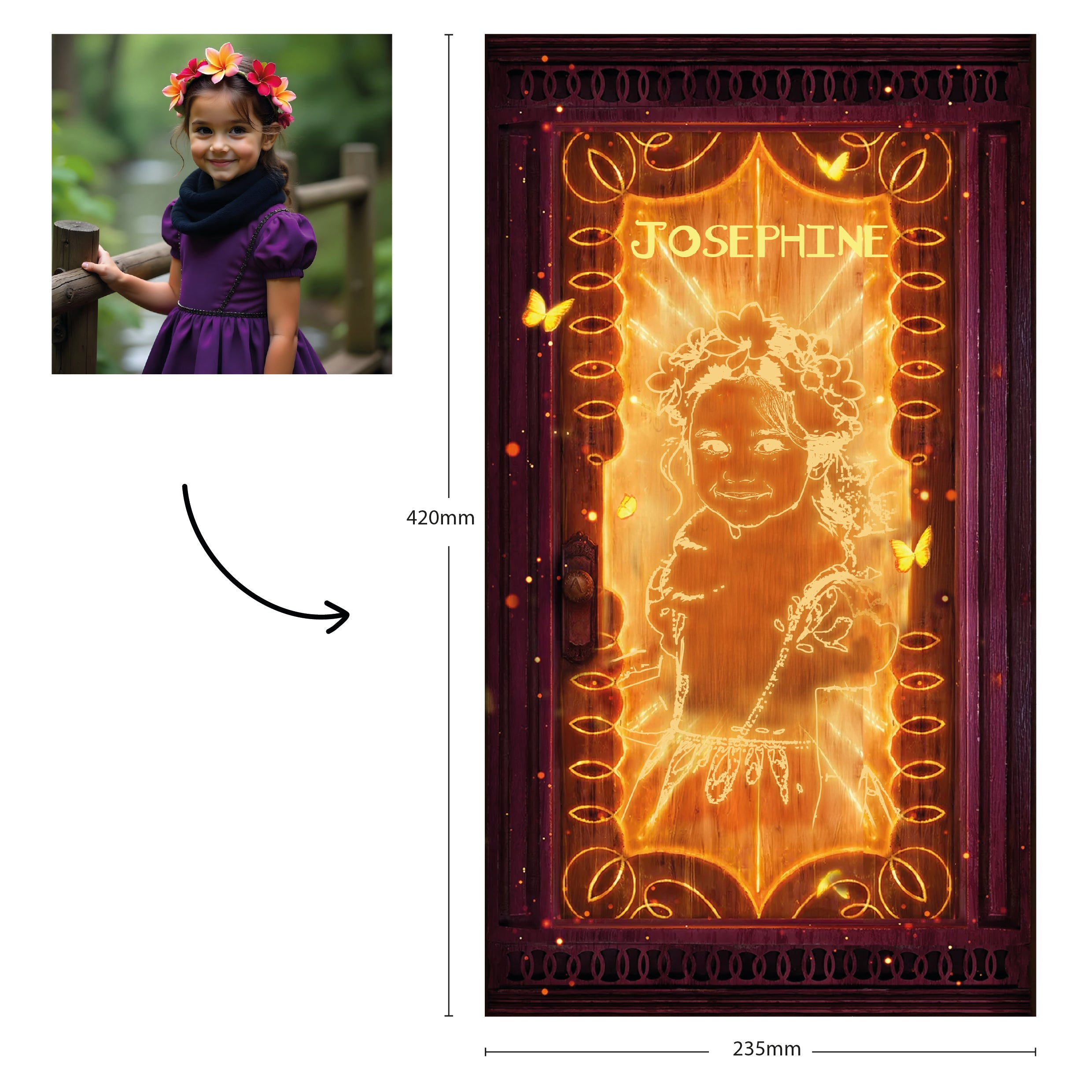 Affiche porte magique personnalisée avec prénom Joséphine et transformation de photo en illustration lumineuse, format 420x235 mm, inspirée du film Encanto.