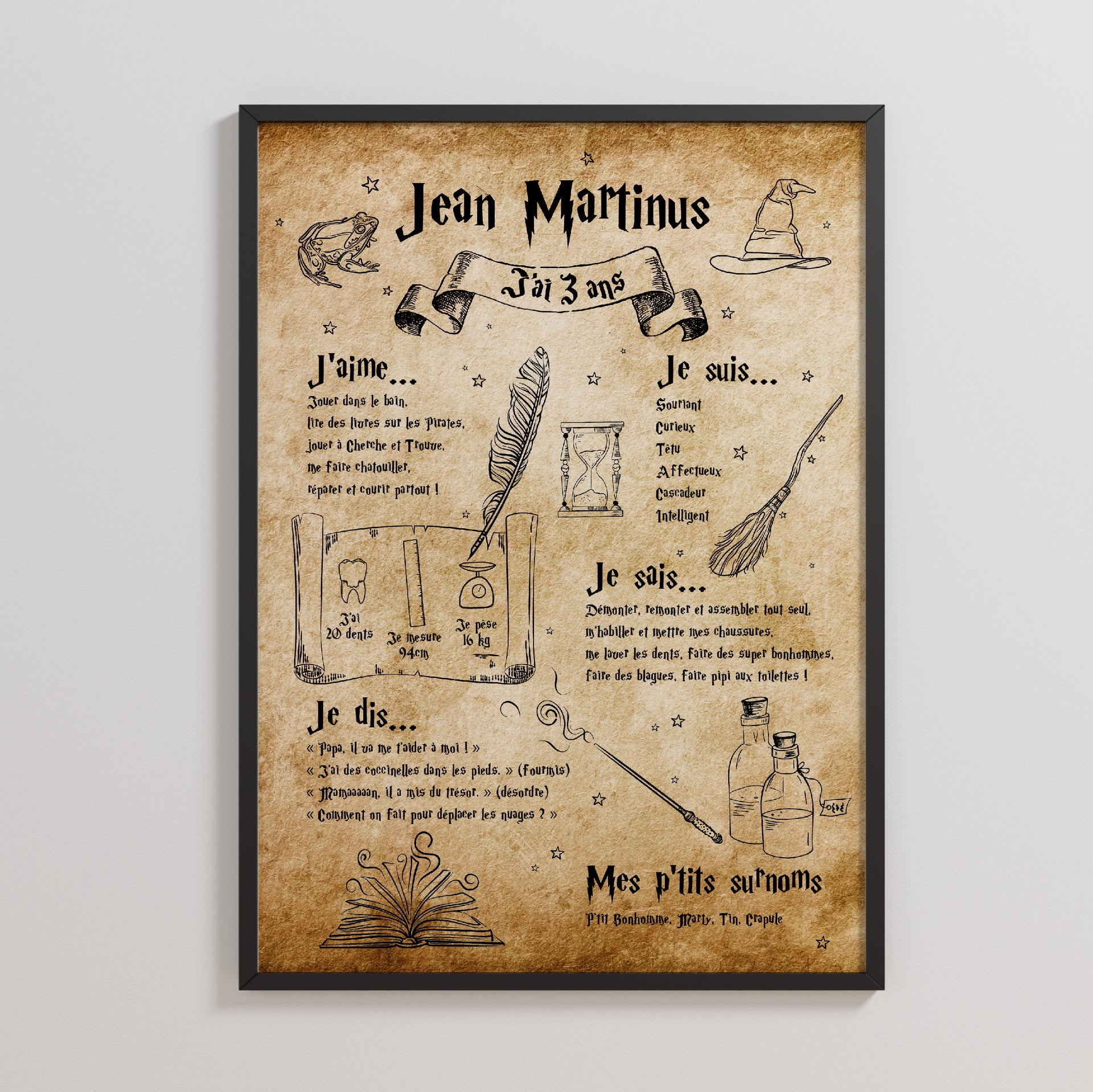Affiche personnalisée style parchemin ancien pour enfant, avec prénom, âge et textes amusants, décoration d’anniversaire thème Harry Potter ou magie.