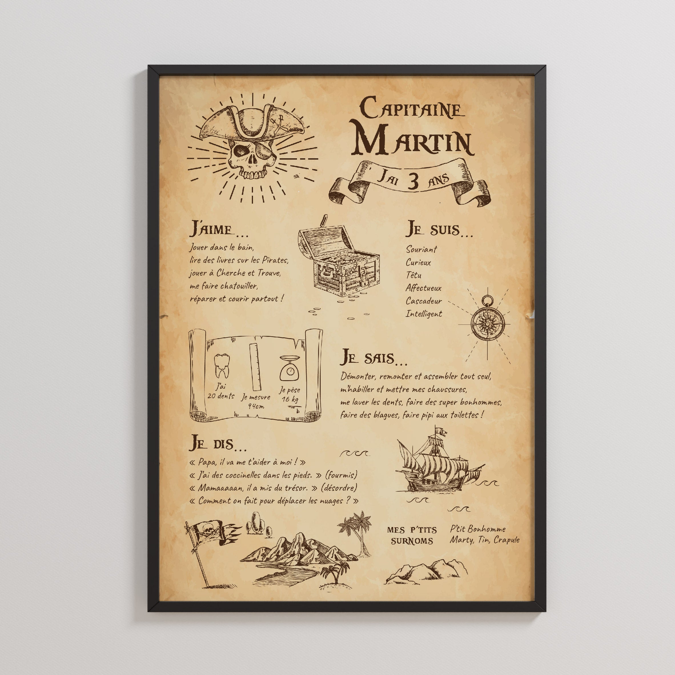 Affiche personnalisée style pirate pour enfant, avec prénom, âge, préférences et surnoms, format parchemin, décoration d’anniversaire sur le thème des pirates.