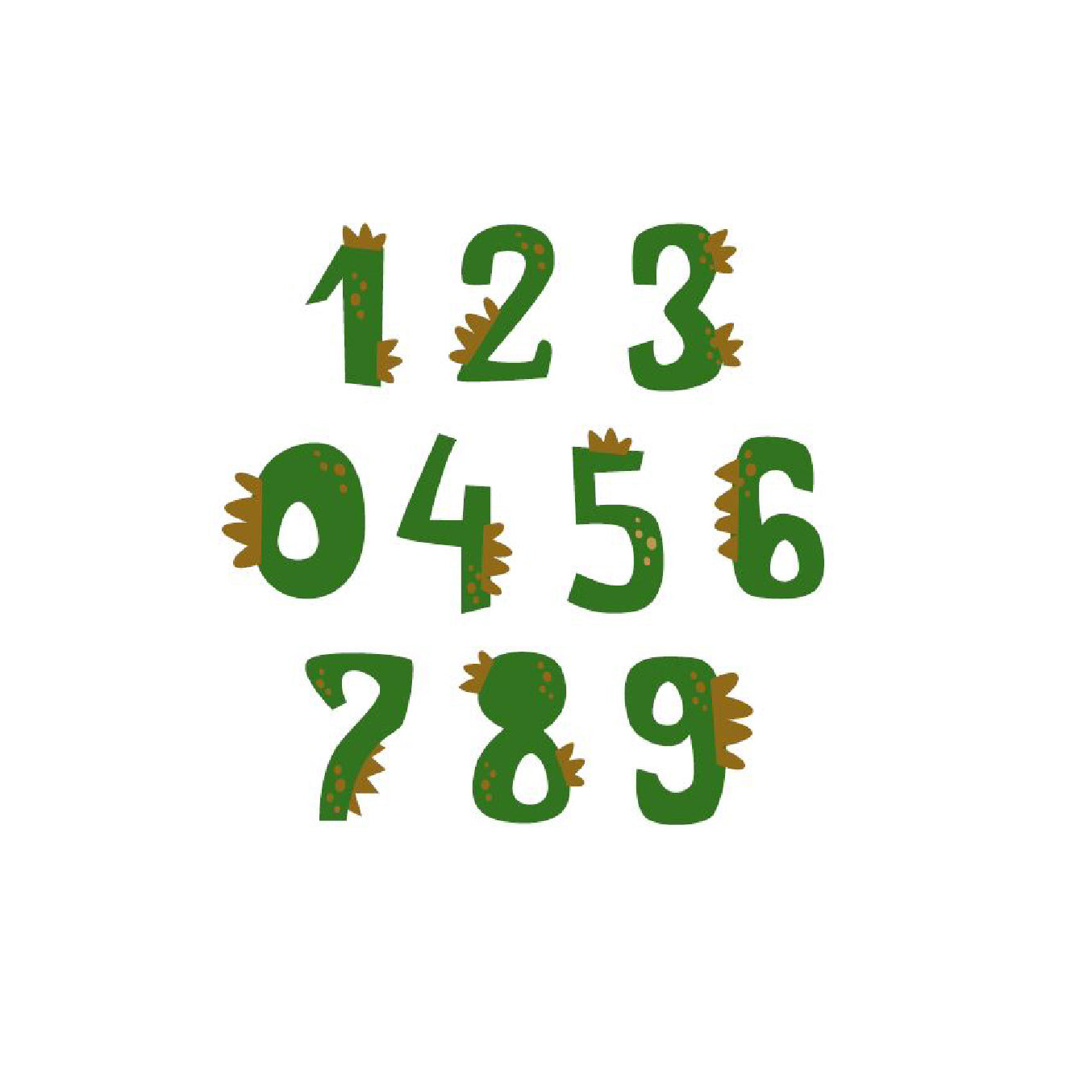 Illustration de la collection complete de chiffres de 0 a 9 stylises en dinosaures de couleur verte avec des couronnes et des plaques dorsales miel en relief.
