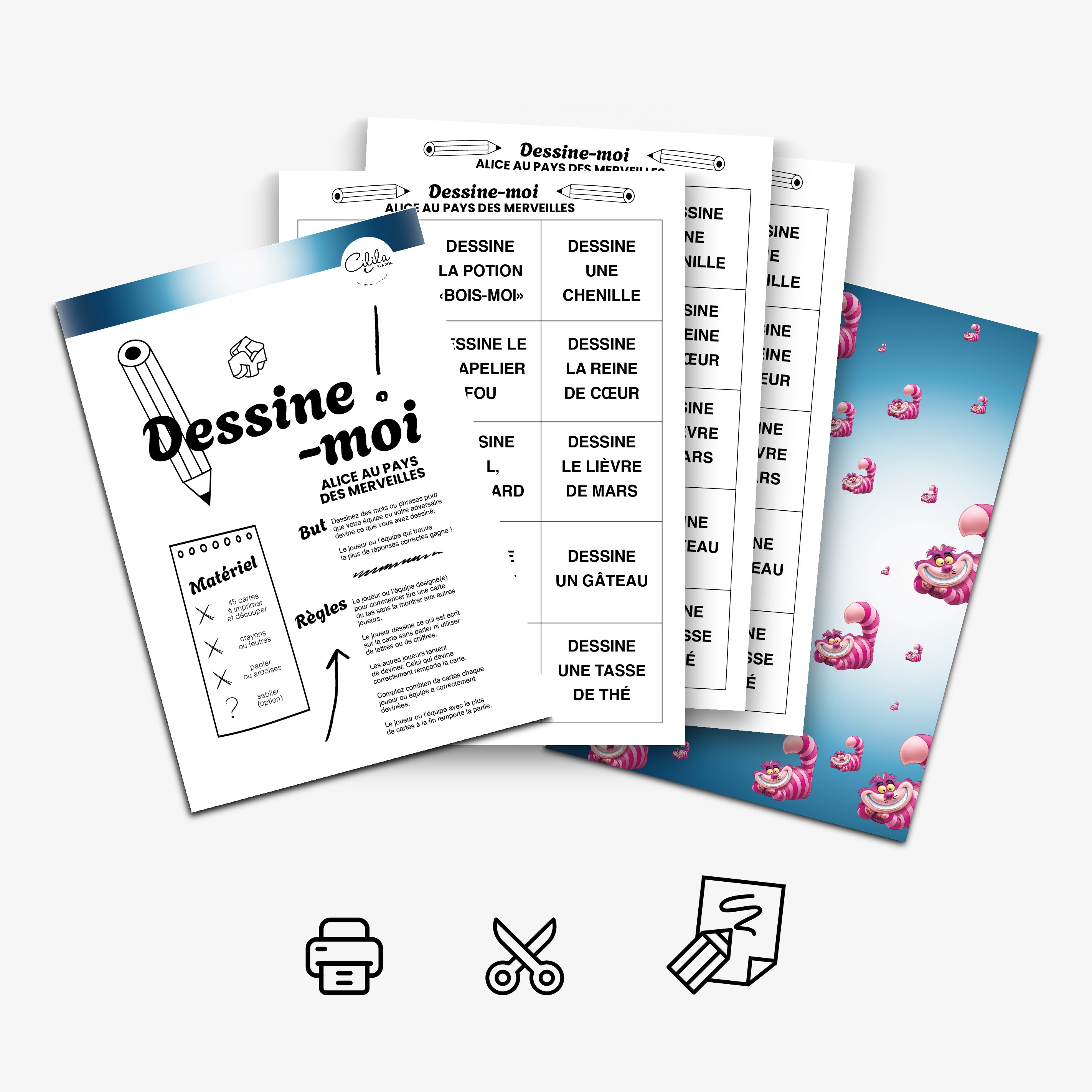 Jeu "Dessine-moi – Alice au pays des merveilles", fichier PDF à imprimer pour un anniversaire d'enfant. Inclut des cartes de dessin, une notice et un décor féerique inspiré du pays des merveilles.