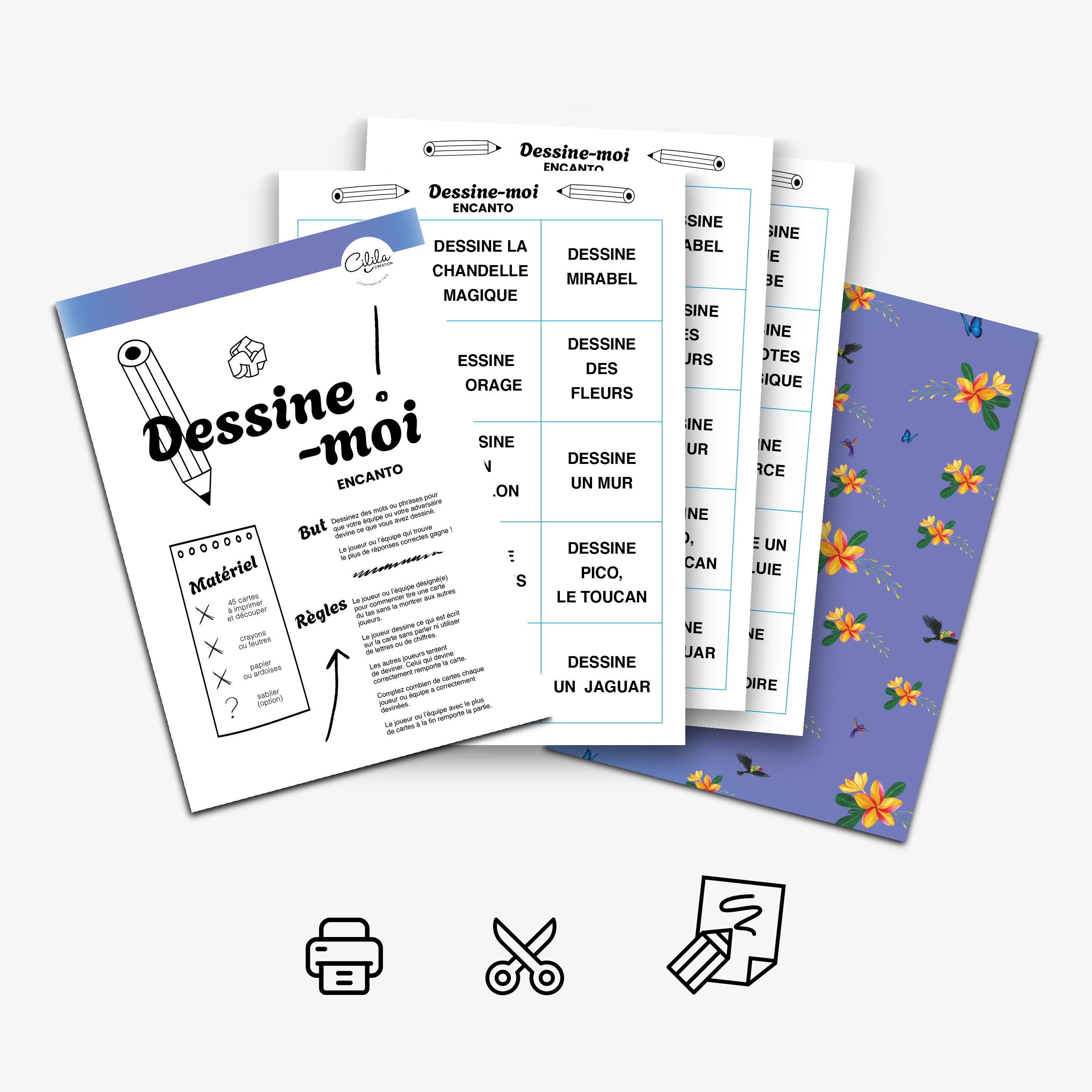 Kit jeu Dessine-moi Encanto à imprimer – activité d’anniversaire ludique pour enfants avec cartes à dessiner sur le thème du film Encanto.