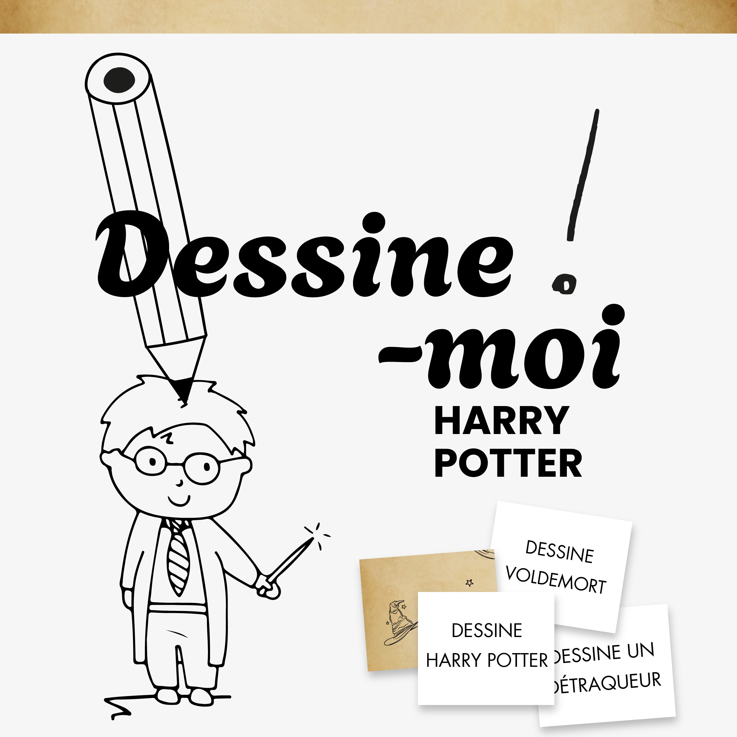 Jeu créatif 'Dessine-moi Harry Potter' présentant une illustration de Harry Potter à colorier avec un crayon géant et des cartes de défis pour dessiner Voldemort et un Détraqueur. Activité ludique de dessin pour enfant sur le thème de la sorcellerie.