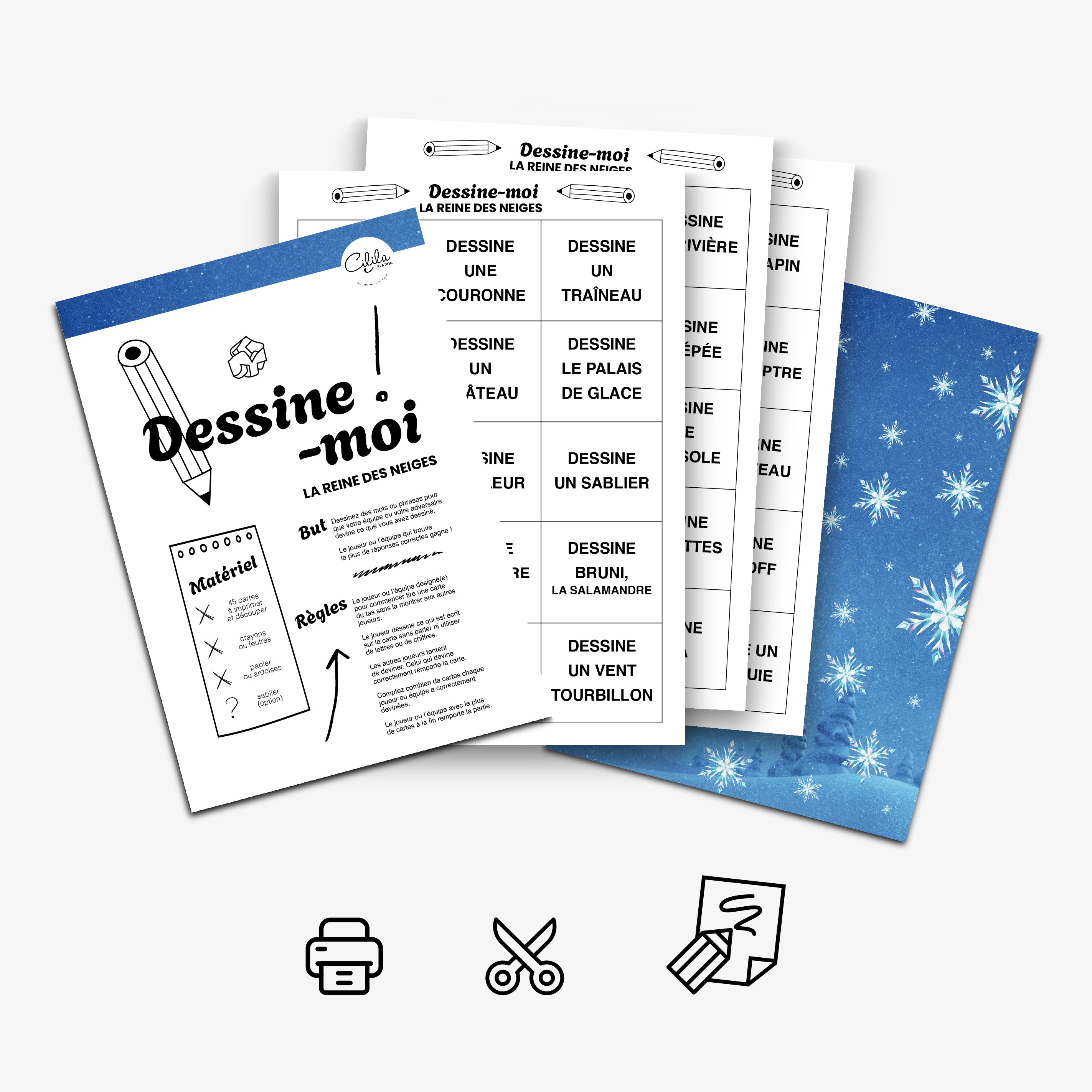 Kit à imprimer Dessine-moi La Reine des Neiges – jeu de dessin pour enfants sur le thème de La Reine des Neiges avec cartes à découper et règles incluses.