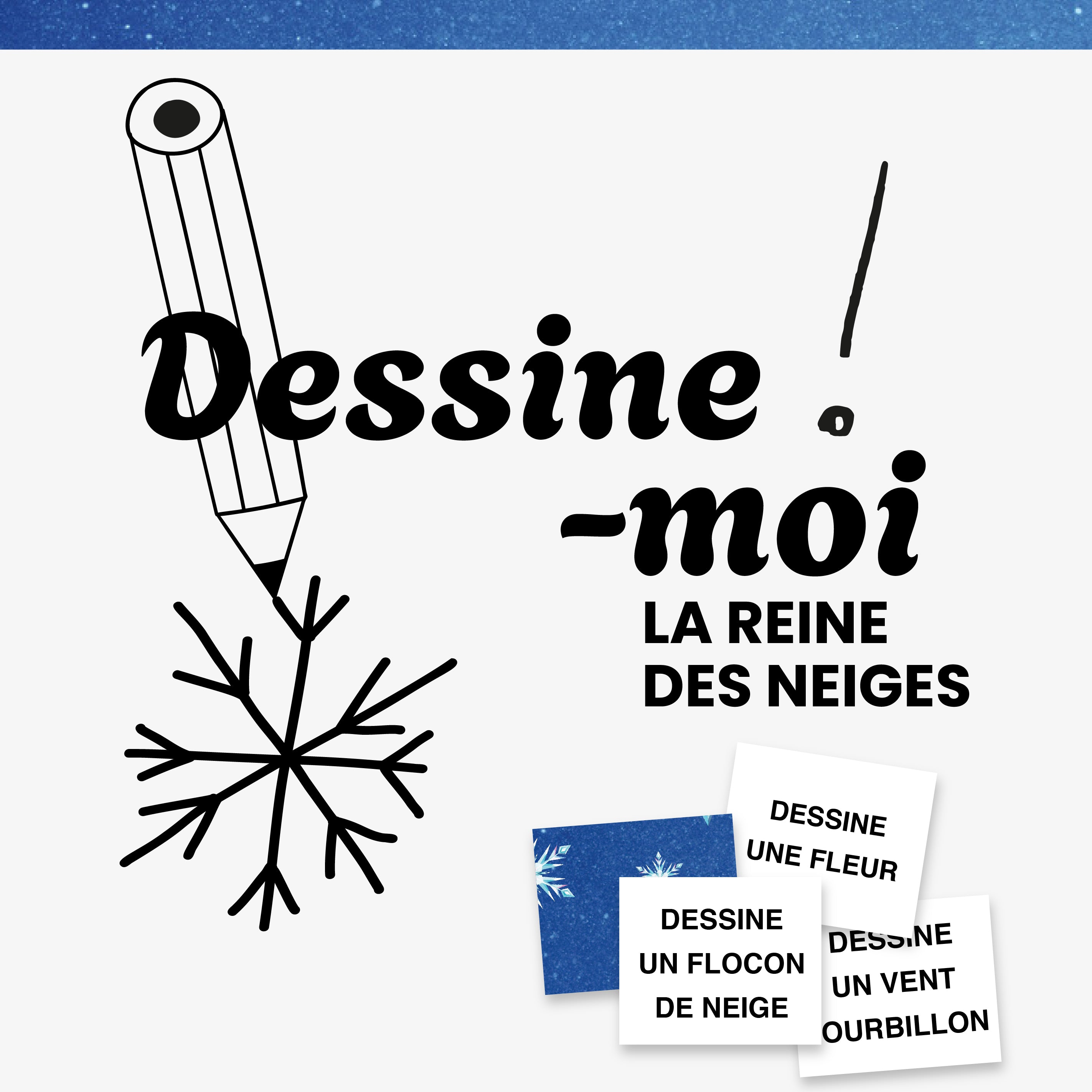 Jeu à imprimer Dessine-moi La Reine des Neiges – activité d’anniversaire ludique avec cartes à dessiner inspirées de l’univers de La Reine des Neiges.