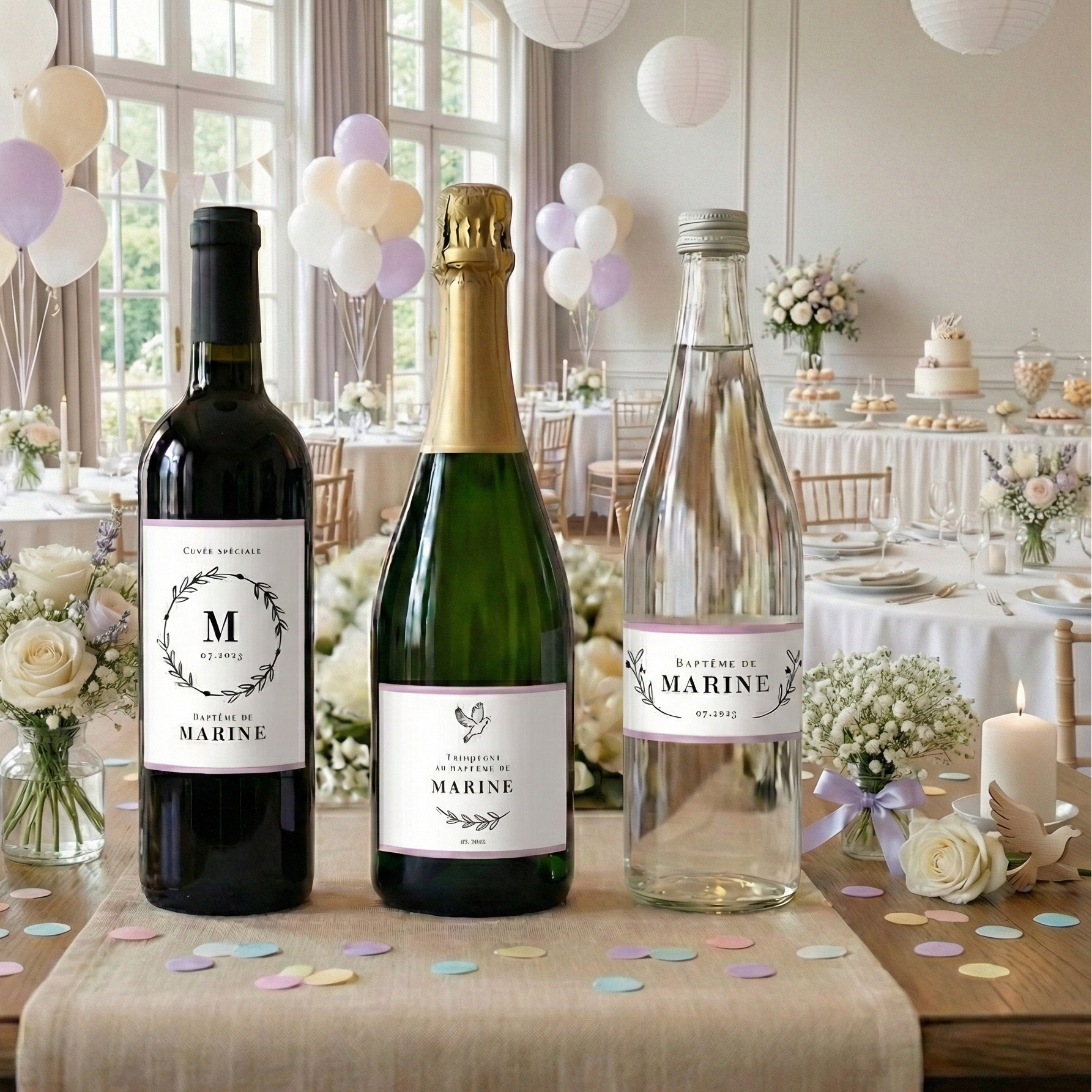 Étiquettes personnalisées baptême fille – colombe rose – bouteilles de vin, champagne et eau sur table de réception élégante.