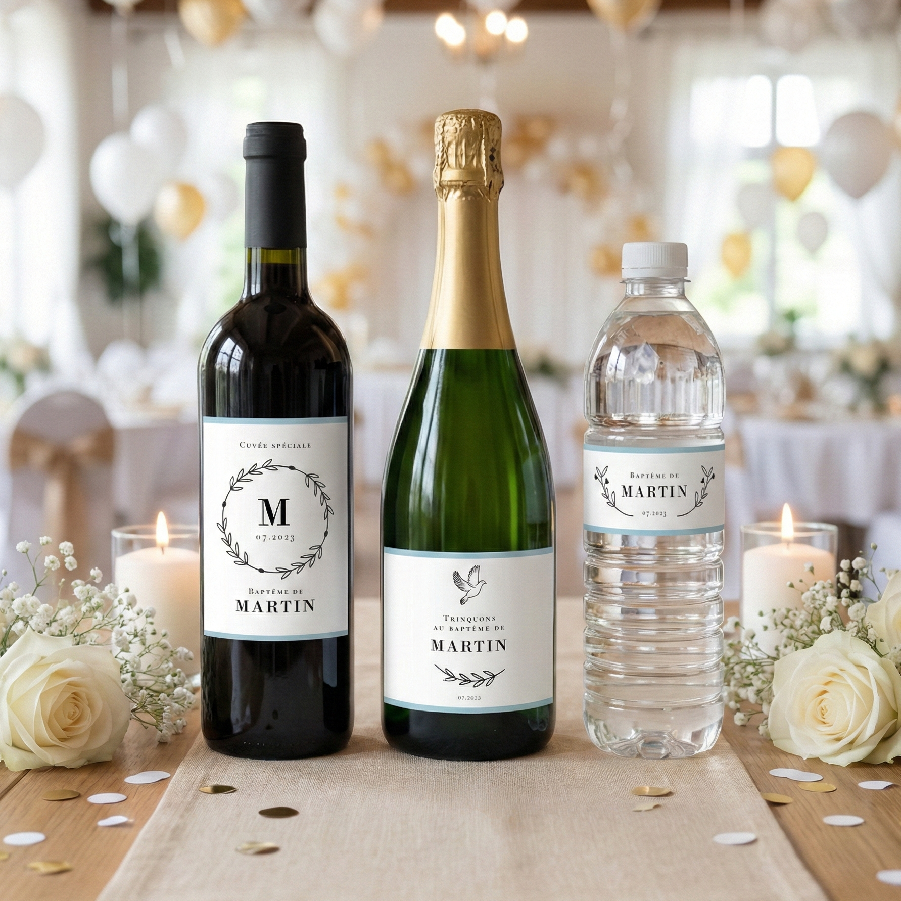 Étiquettes baptême personnalisées garçon – design colombe et feuillage – pour bouteilles de vin, champagne et eau – thème laurier bleu élégant.