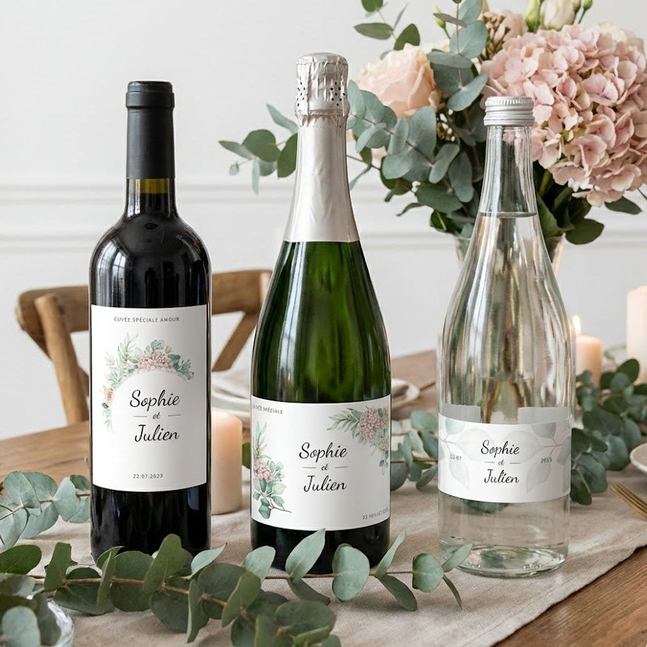 Mise en situation de trois bouteilles de mariage avec étiquettes personnalisables au style floral pastel illustrant des hortensias et feuillage eucalyptus : étiquette vin 9x12 cm, champagne 12x8 cm et eau 25x5 cm, sur une table élégante décorée de fleurs, bougies et feuillage naturel.