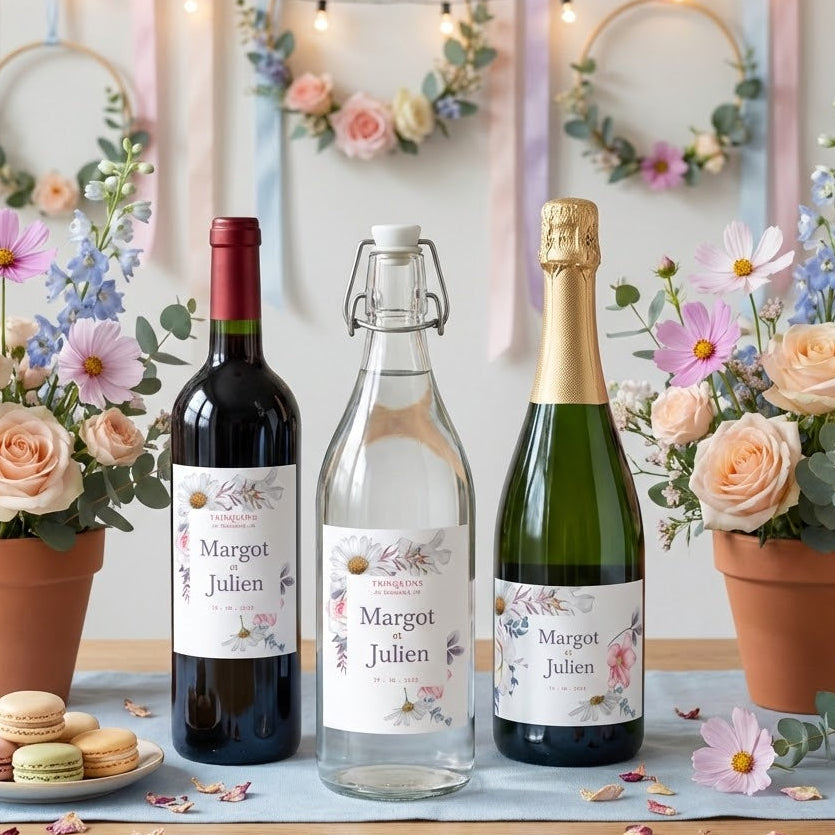 Trois bouteilles de mariage avec etiquettes personnalisees aux prenoms Margot et Julien, decor floral aquarelle avec marguerites, anemones roses, eucalyptus, sur une table champetre avec fleurs pastel et macarons.