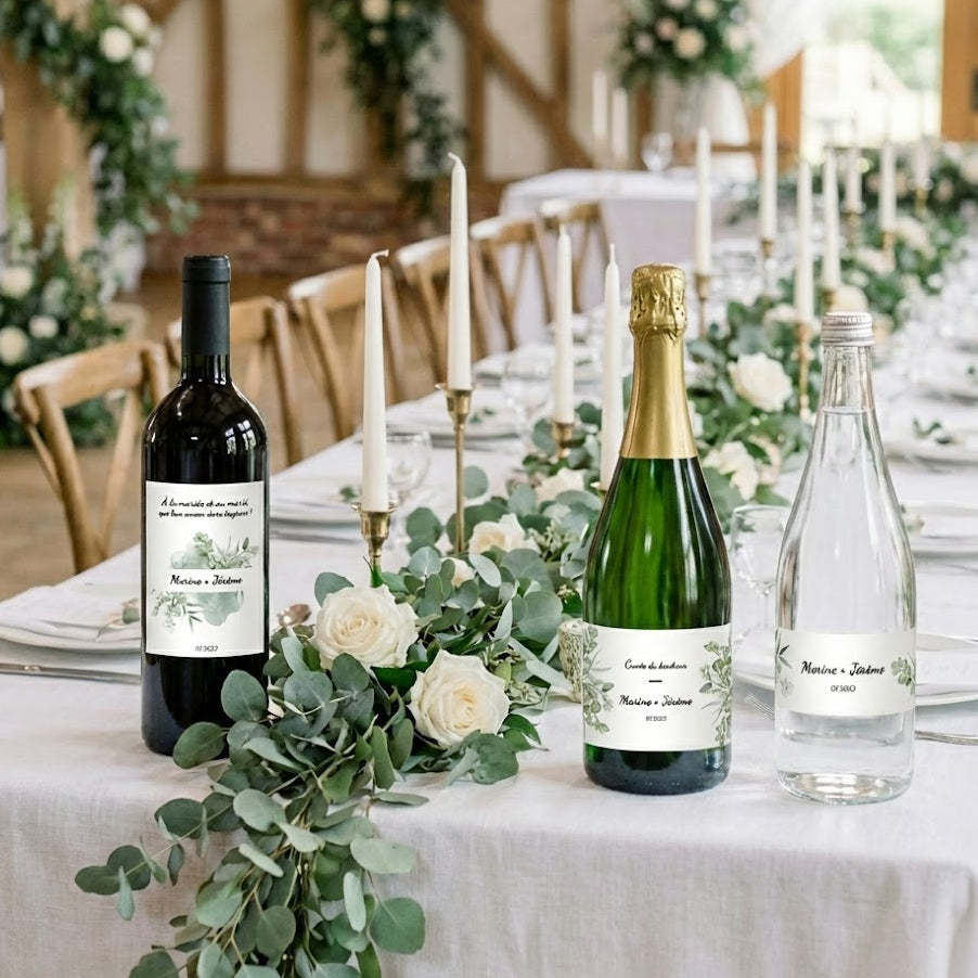 Trois bouteilles de mariage decorées avec des etiquettes personnalisables style aquarelle, motifs eucalyptus et gypsophile, sur une table elegante fleurie de blanc et vert.