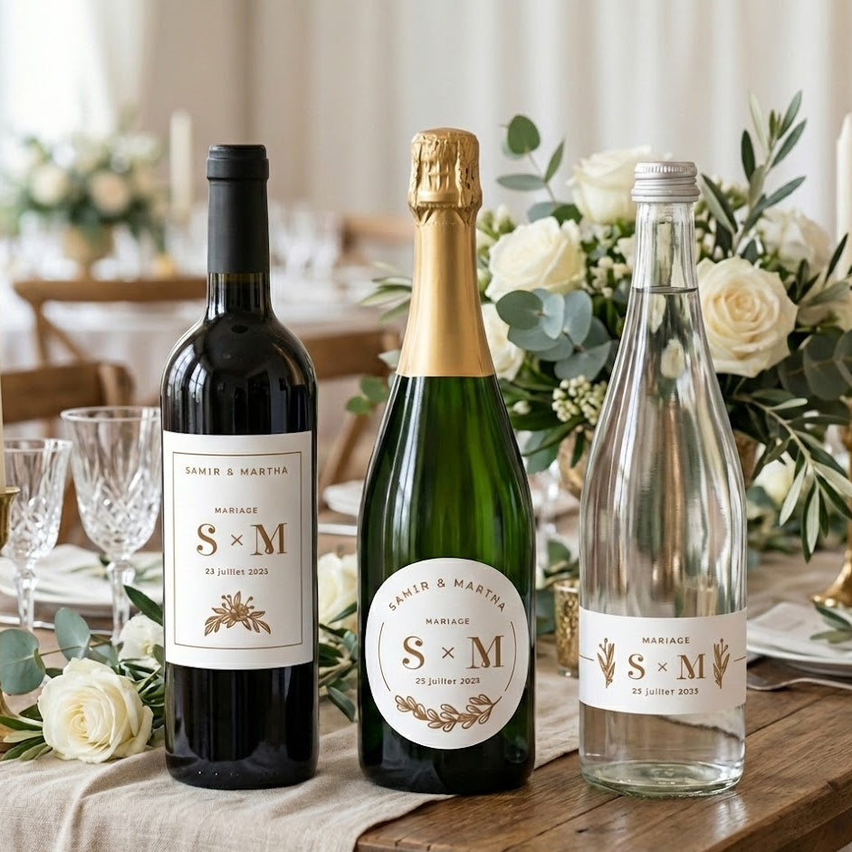 Trois bouteilles de mariage décorées avec des etiquettes personnalisables aux initiales S et M, pour vin, champagne et eau, sur une table fleurie elegante.