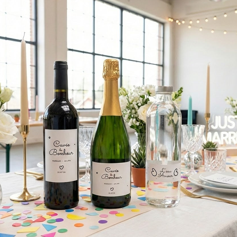 Trois bouteilles de mariage avec etiquettes personnalisees noir et blanc, texte Cuvee du Bonheur et L’eau d’Amour, sur une table de fete coloree avec confettis et decoration elegante.