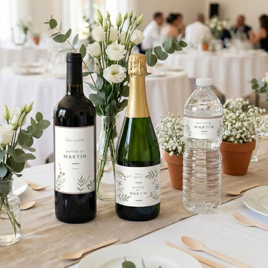 Étiquettes de bouteilles personnalisées pour baptême, avec design feuillage fleuri et prénom de l’enfant. Exemple de mise en scène sur une table de fête avec bouteille de vin, de champagne et d’eau. Décoration élégante et naturelle pour un événement comme un baptême ou une communion.