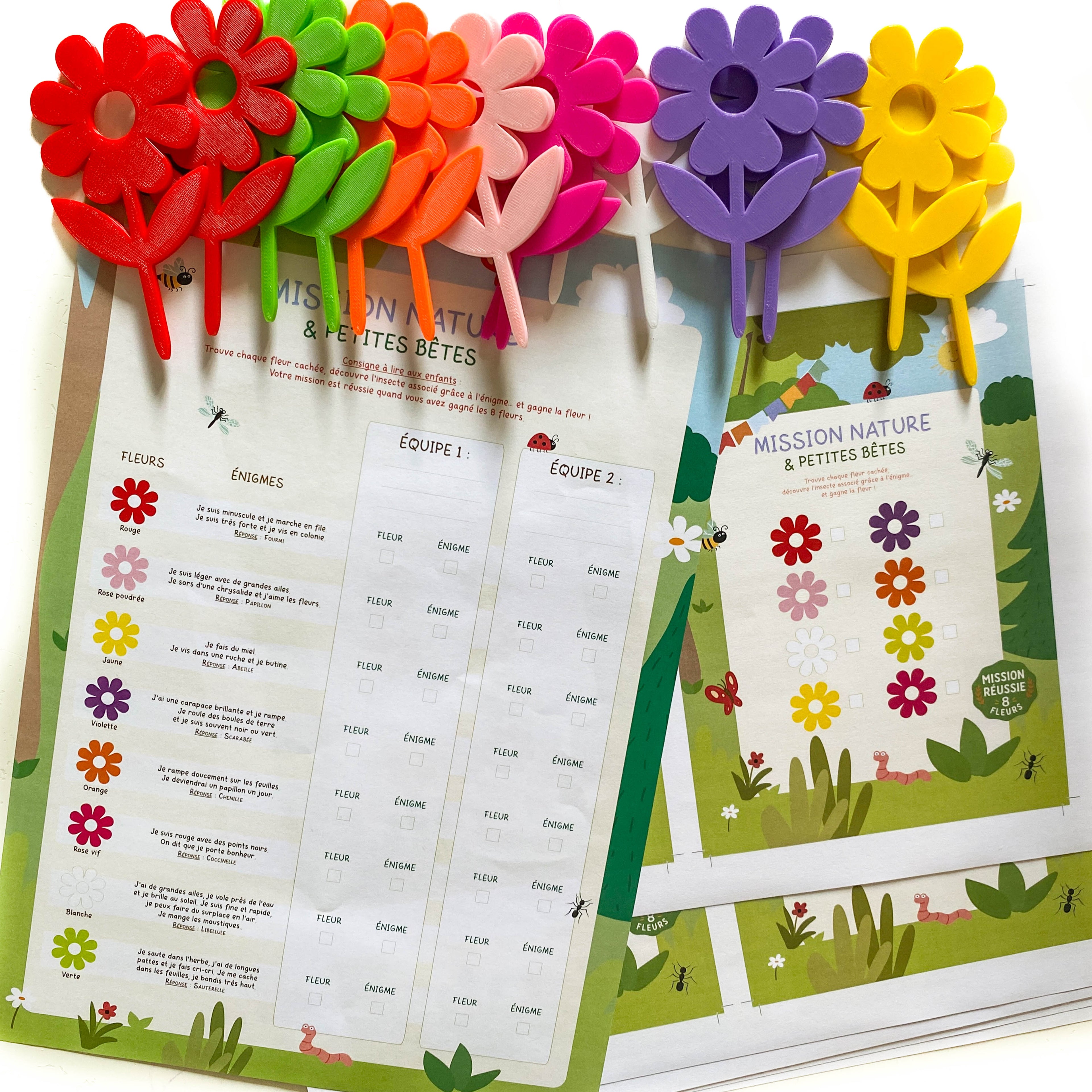 Jeu de piste enfant Mission Nature et Petites Bêtes avec fleurs colorées 3D et fiches missions numériques.