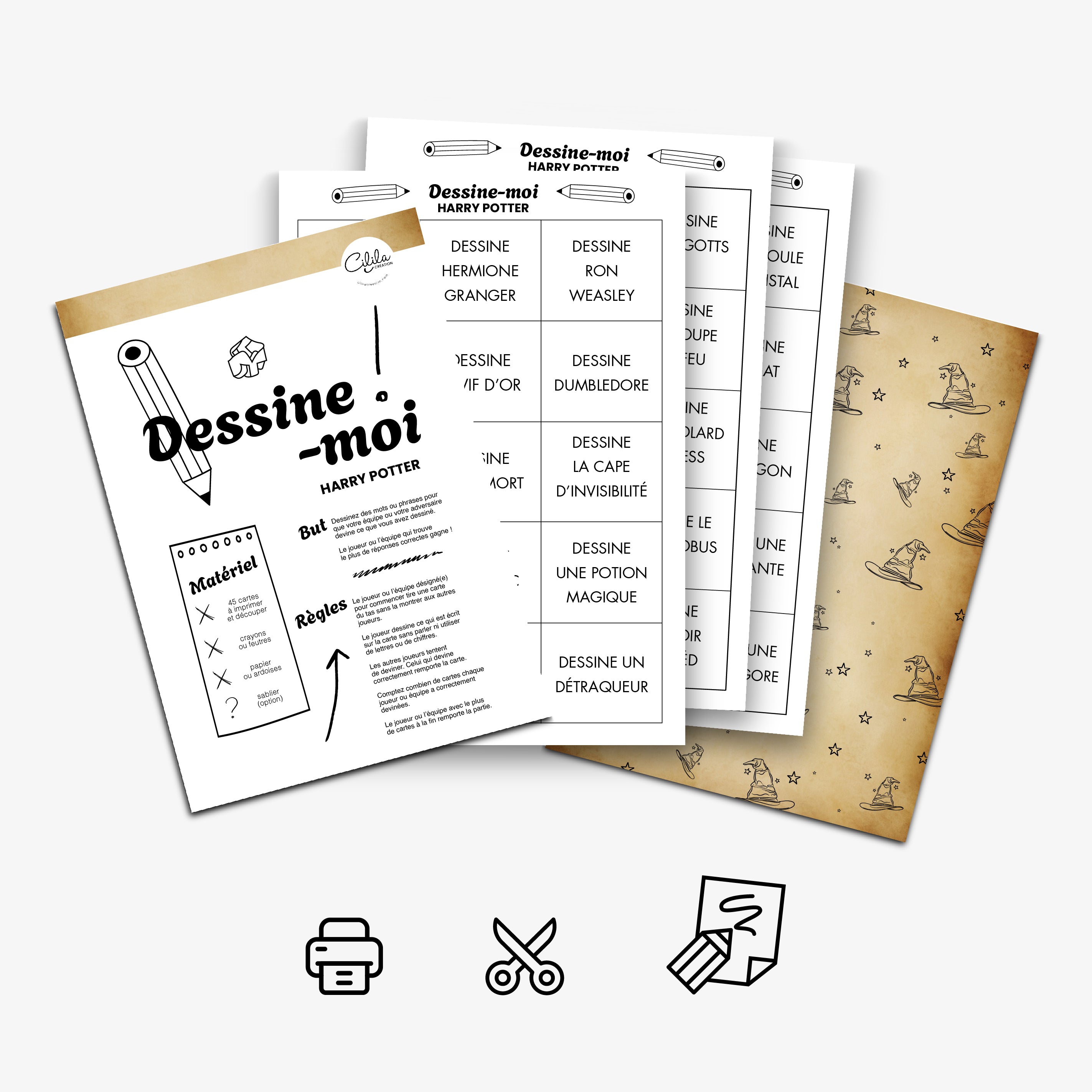 Aperçu du contenu du jeu 'Dessine-moi Harry Potter' incluant la fiche des règles, la liste du matériel et des planches de défis de dessin (Hermione Granger, Ron Weasley, Dumbledore, Vif d'or). Bas de page avec icônes explicatives pour imprimer, découper et dessiner soi-même à la maison.