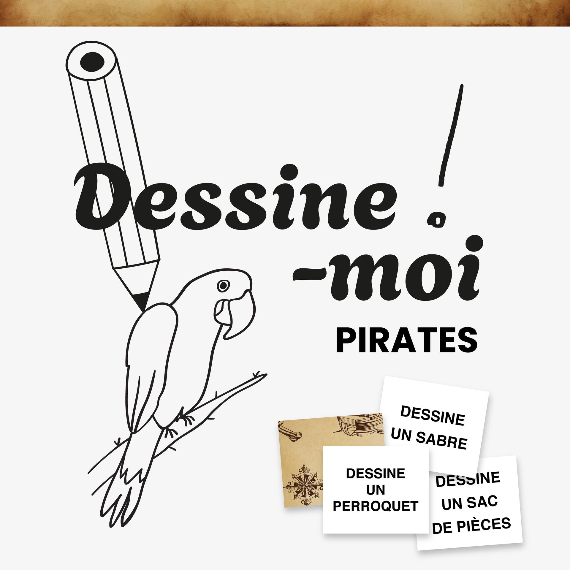 Image principale du jeu 'Dessine-moi Pirates' montrant un perroquet sur une branche dessiné au crayon. Cartes de défis visibles pour dessiner un sabre, un perroquet et un sac de pièces d'or.