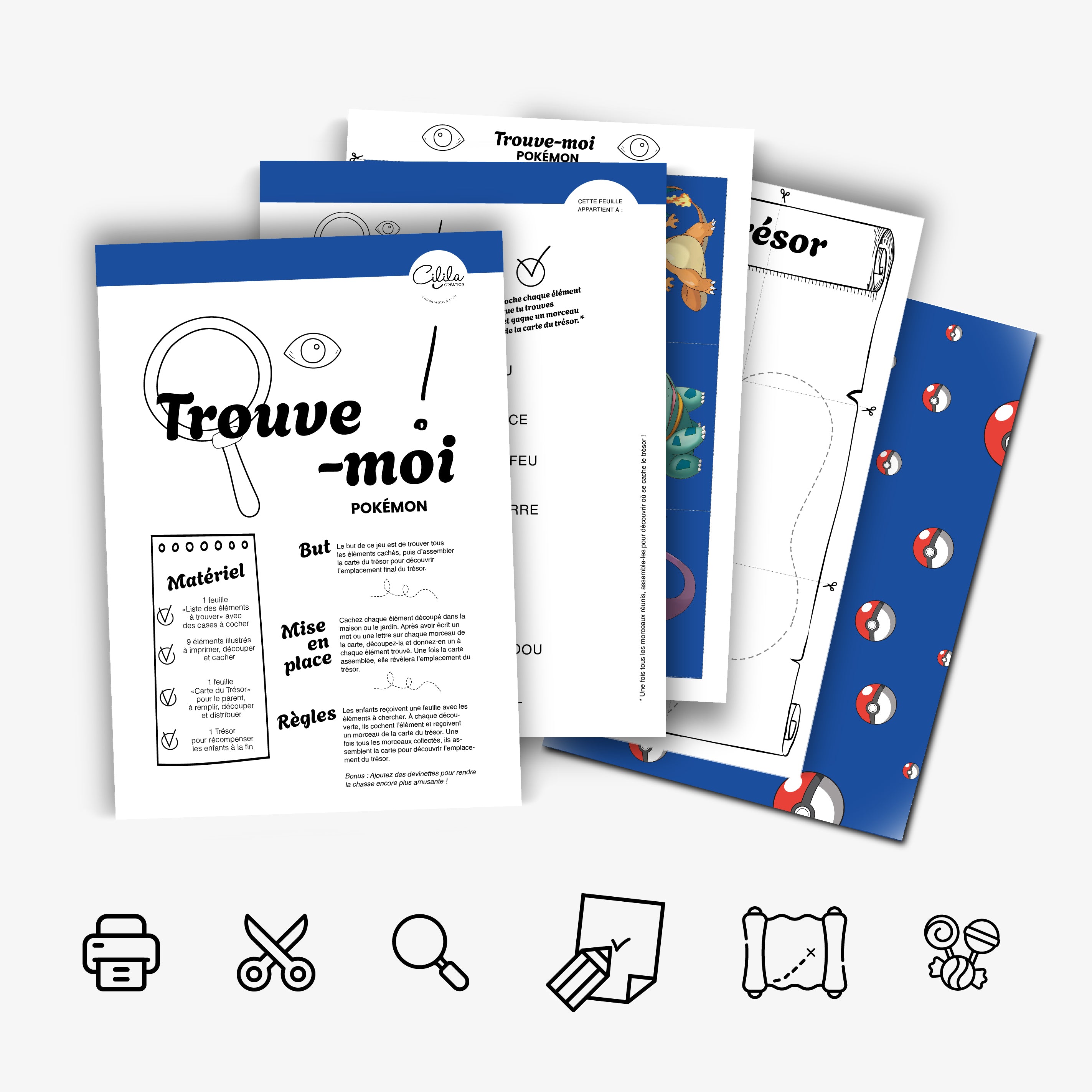 Kit de jeu « Trouve-moi Pokémon » à imprimer : plusieurs pages superposées montrant la couverture noir et blanc avec loupe et titre, les règles du jeu, une carte au trésor et une feuille décorée de Pokéballs sur fond bleu, avec en bas des icônes imprimante, ciseaux et bonbons pour illustrer une activité d’anniversaire sur le thème Pokémon.