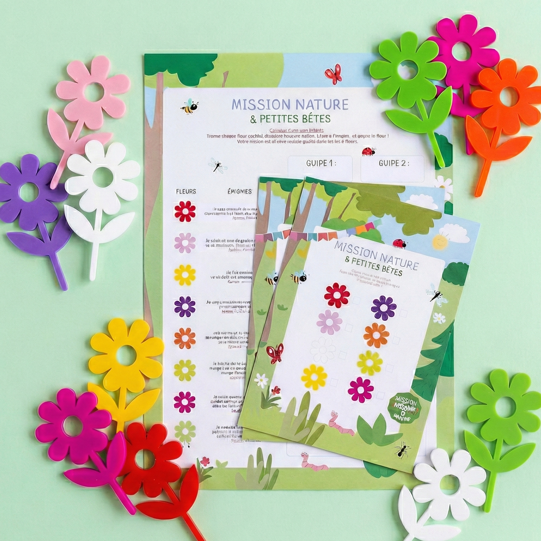 Kit de chasse au trésor nature avec fleurs en impression 3D et fiches de jeu à imprimer pour anniversaire.