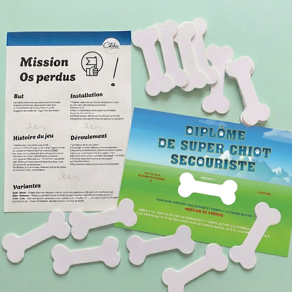 Kit de jeu de piste Mission Os Perdus avec fiche d'instructions, diplôme de super chiot secouriste et petits os blancs sur fond bleu clair.