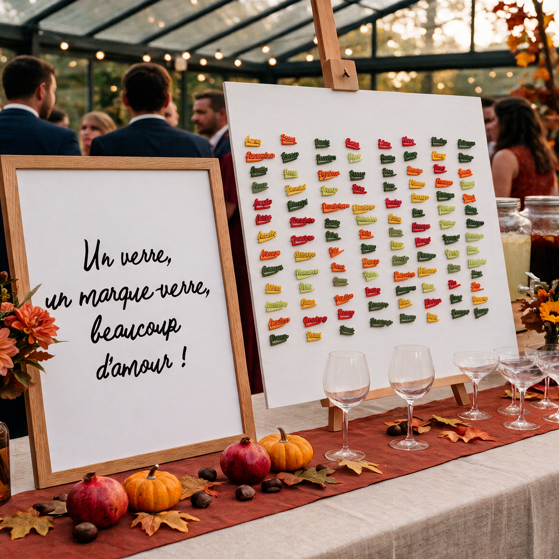 Affiche bar à verres « Un verre, un marque-verre, beaucoup d'amour ! » posée à côté d'un panneau de marque-verres de mariage sur un buffet de fête. Décoration de vin d'honneur avec verres à pied et marque-places colorés. Ambiance automnale.