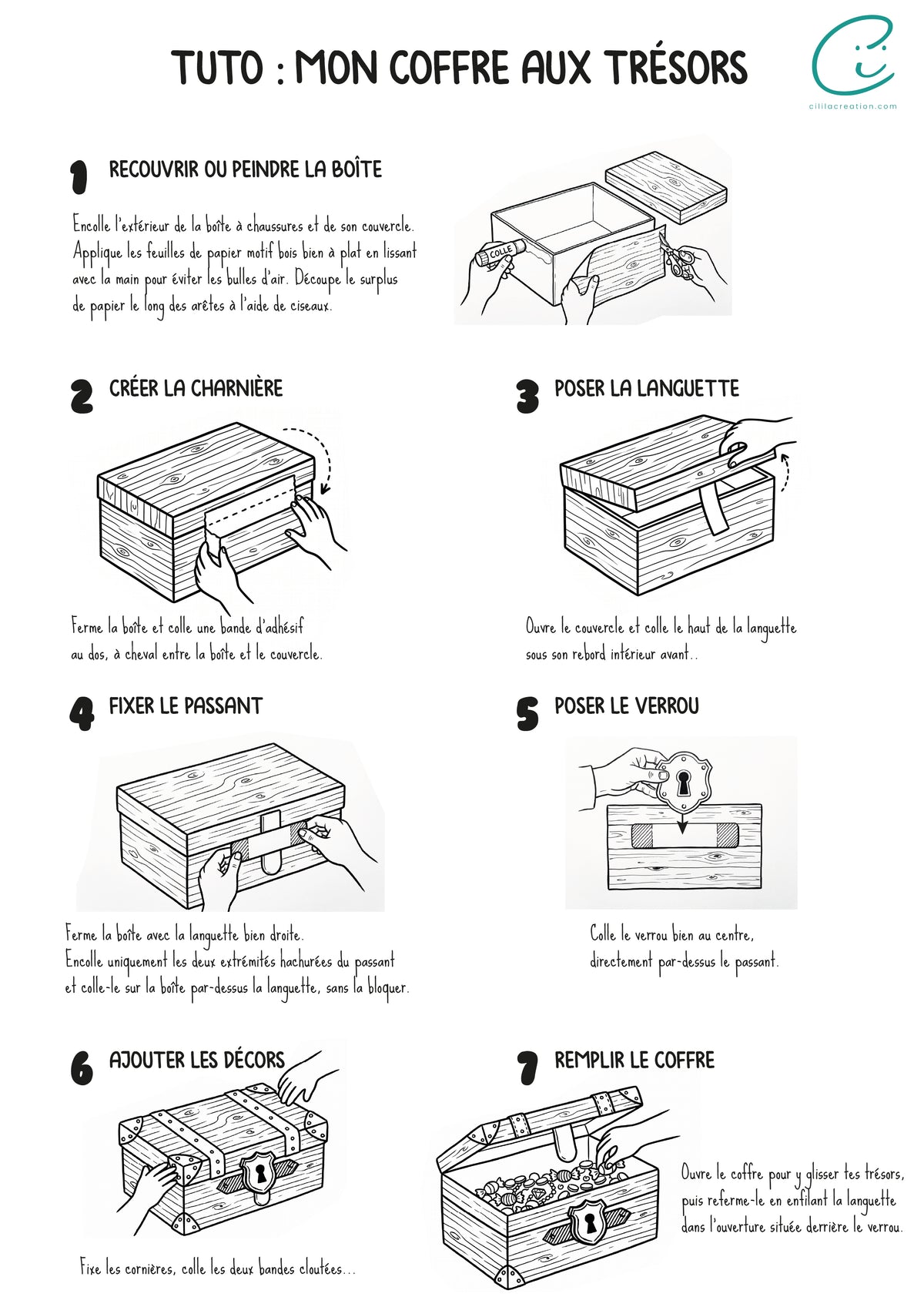 Notice explicative étape par étape pour fabriquer un coffre aux trésors en carton.