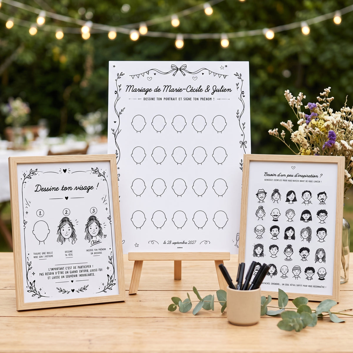 Pack d'animation de livre d'or à dessiner posé sur une table en bois lors d'un événement festif. Au centre, une grande affiche blanche sur un chevalet, personnalisée avec le texte "Mariage de Marie-Cécile & Julien", contenant une grille de contours de visages vides à remplir. À gauche, un cadre en bois contenant une notice "Dessine ton visage" avec 3 étapes illustrées. À droite, un cadre avec une affiche "Besoin d'un peu d'inspiration ?" montrant une galerie de visages dessinés. Le design général est élégan