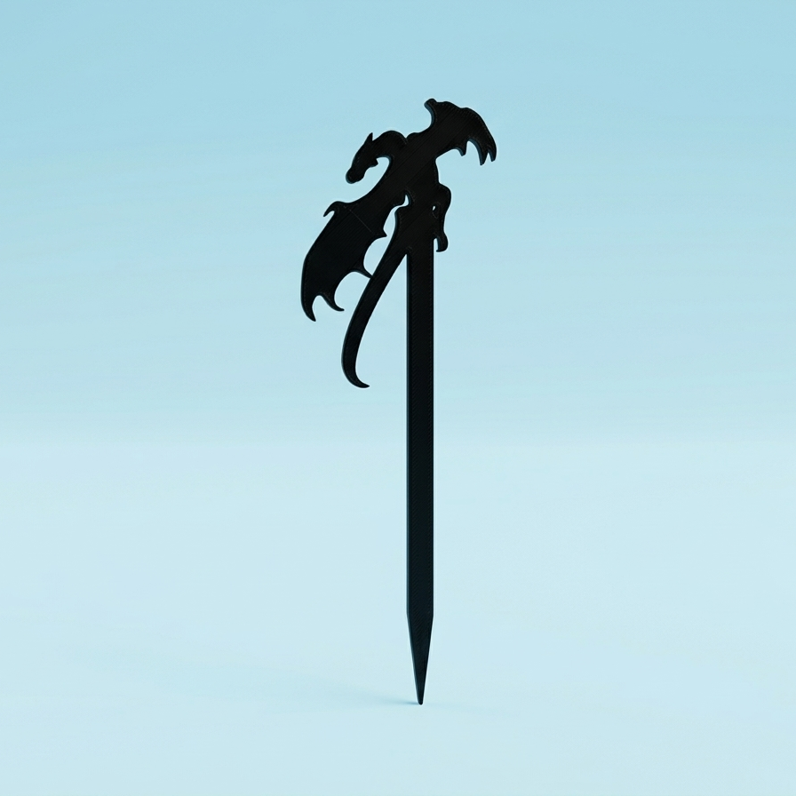 Une pique à tapas noire en forme de dragon viking. Cet accessoire, réalisé en impression 3D, est présenté verticalement sur un fond bleu uni.