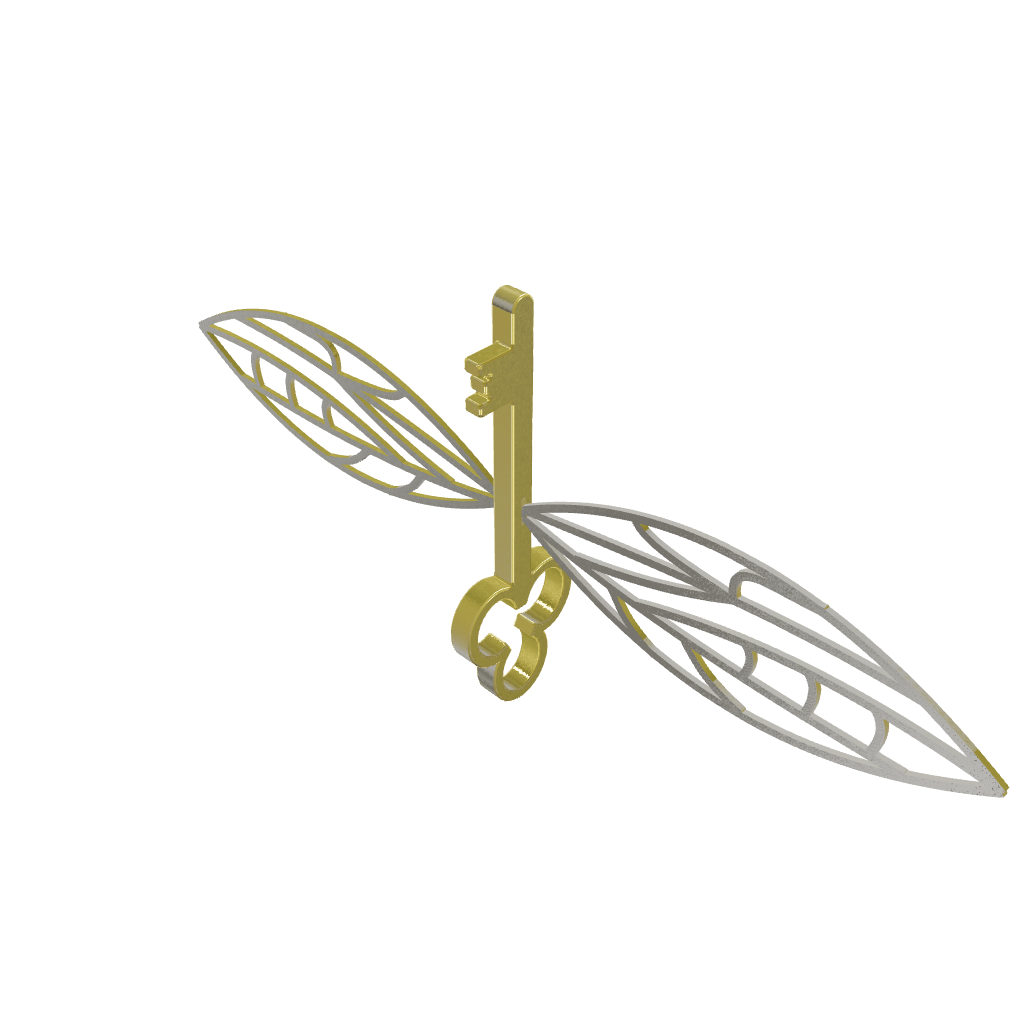 Modèle 3D interactif d’une clé volante ailée couleur or : clé stylisée avec ailes ajourées, visualisable en rotation (plusieurs angles) sur fond sombre — décoration à suspendre inspirée de l’univers Harry Potter.