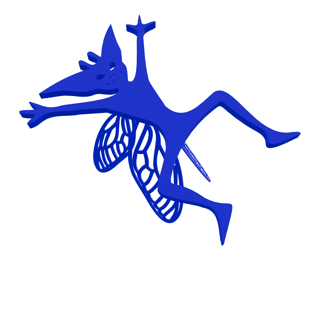 Modèle 3D interactif d’un lutin de Cornouailles bleu, imprimé en 3D (corps + 4 ailes ajourées) : créature malicieuse bras levés, visualisable en rotation (face et profil) sur fond sombre — décoration à suspendre inspirée de l’univers Harry Potter.