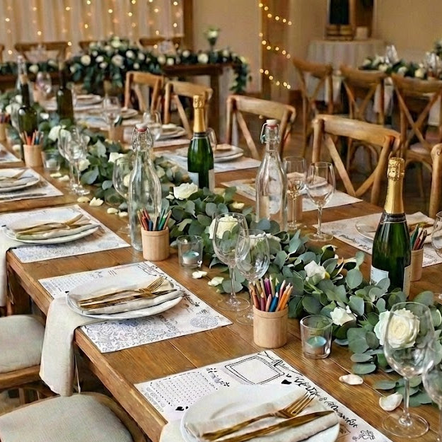 Décoration de table de mariage avec sets de table à colorier pour enfants, crayons de couleur et animations ludiques – idée originale pour occuper les petits invités pendant le repas.