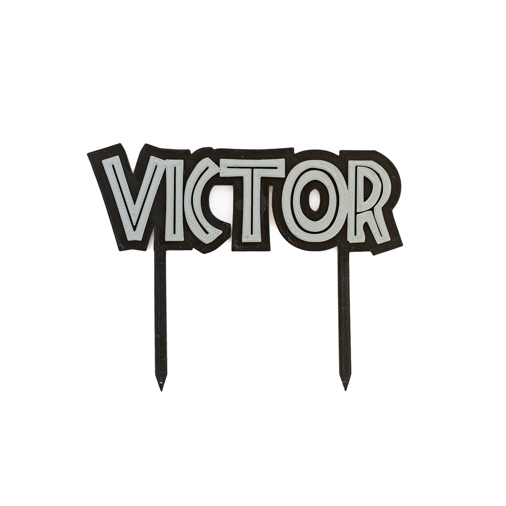 Cake topper Jurassic Noir et Argent, prénom Victor