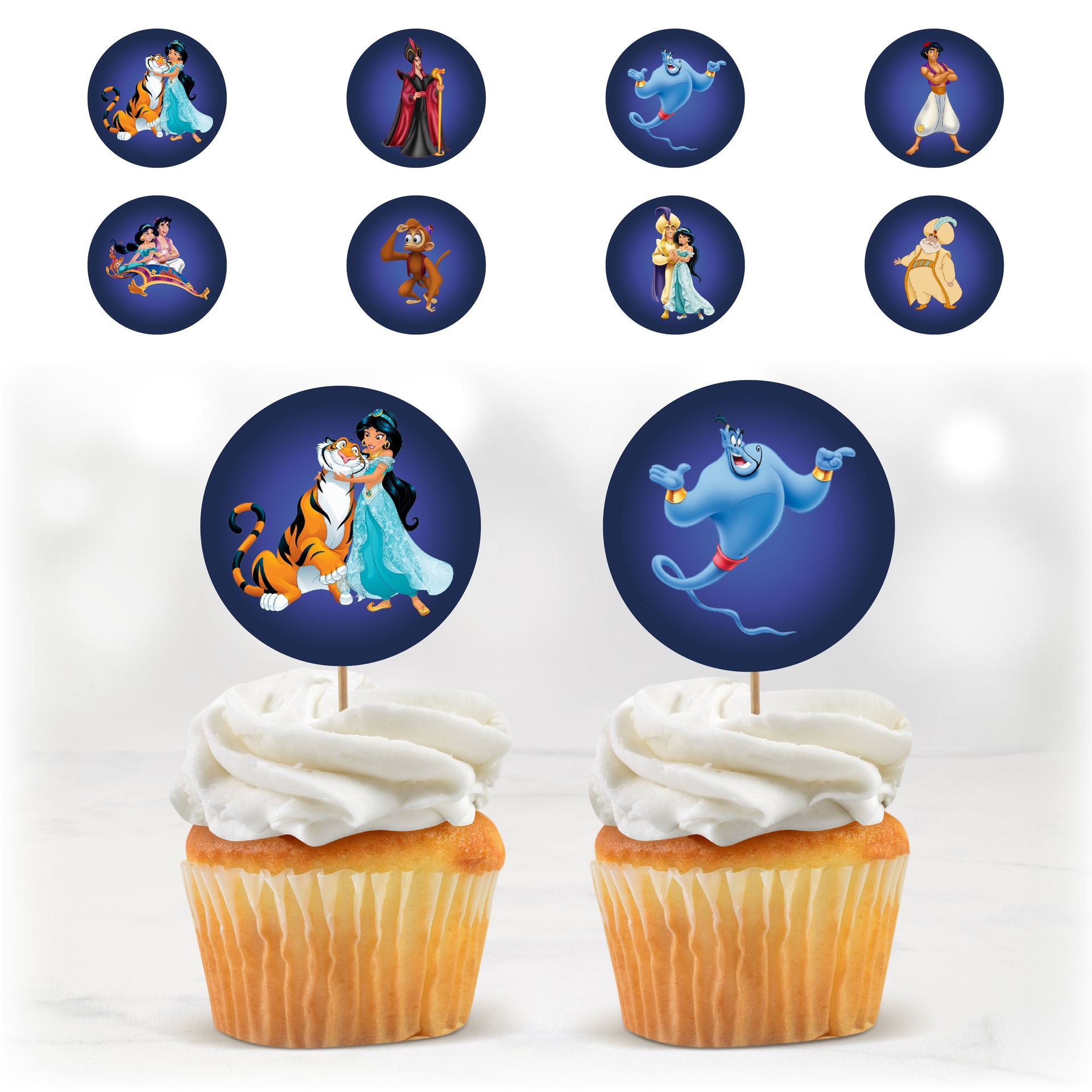 Cupcake toppers Aladdin à imprimer – décorations gâteau thème Aladdin avec Jasmine, le Génie et le Tigre, anniversaire enfant DIY.