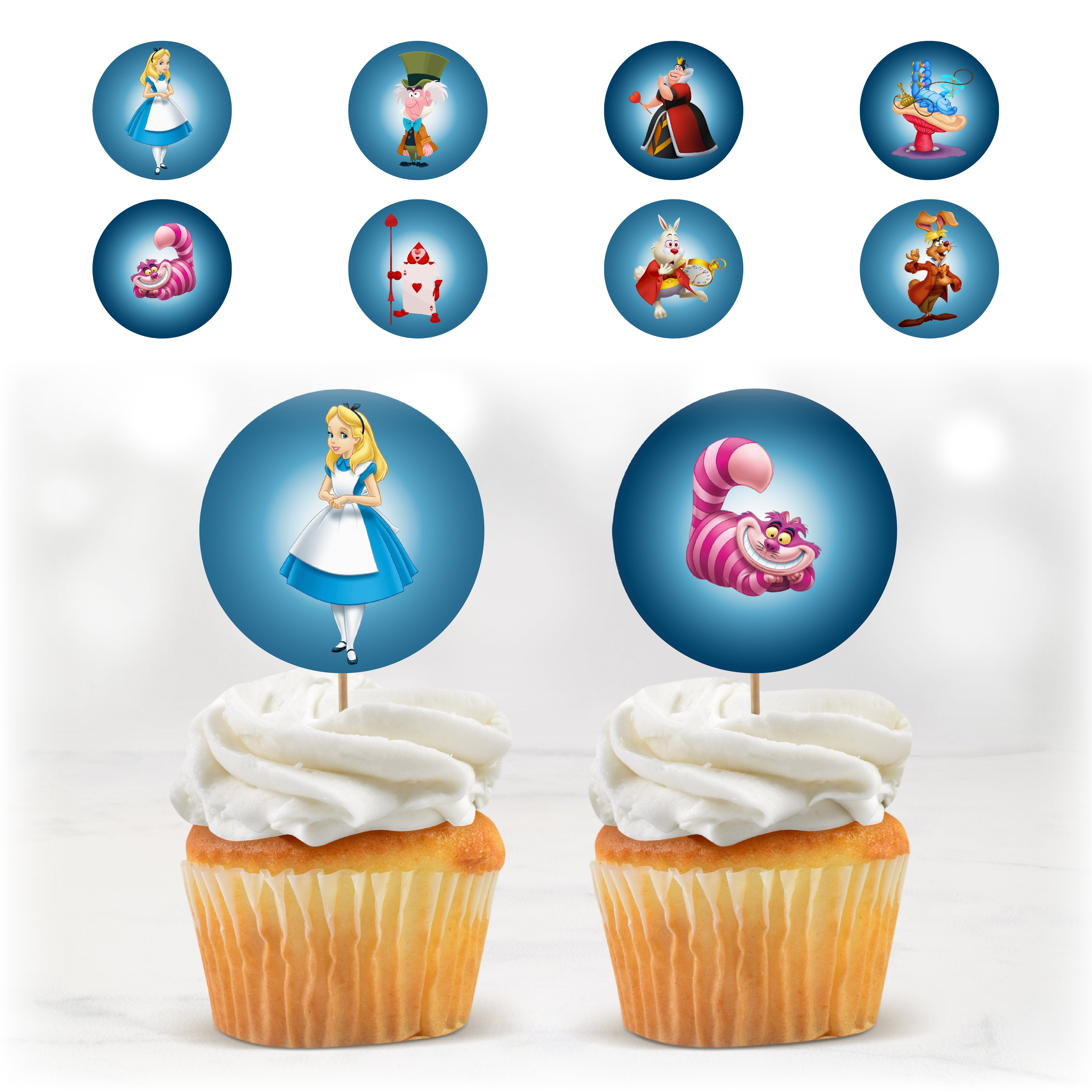 Cupcake toppers Alice au Pays des Merveilles à imprimer – décorations gâteau anniversaire avec Alice, le Chat du Cheshire et personnages du conte.