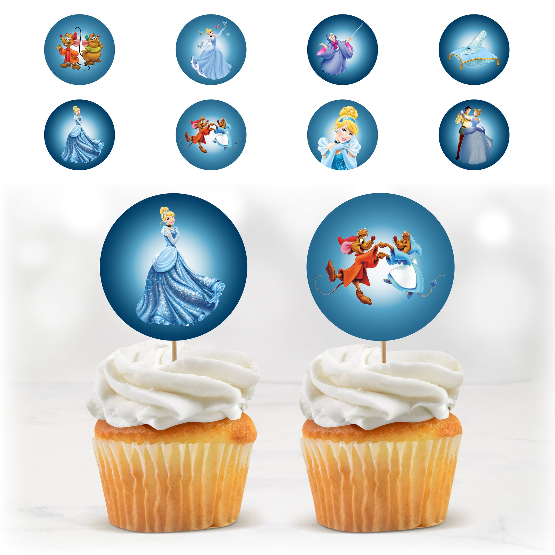 Cupcake toppers Cendrillon à imprimer – décorations de cupcakes thème princesse avec Cendrillon, la marraine fée, la citrouille et les souris, pour anniversaire enfant DIY.