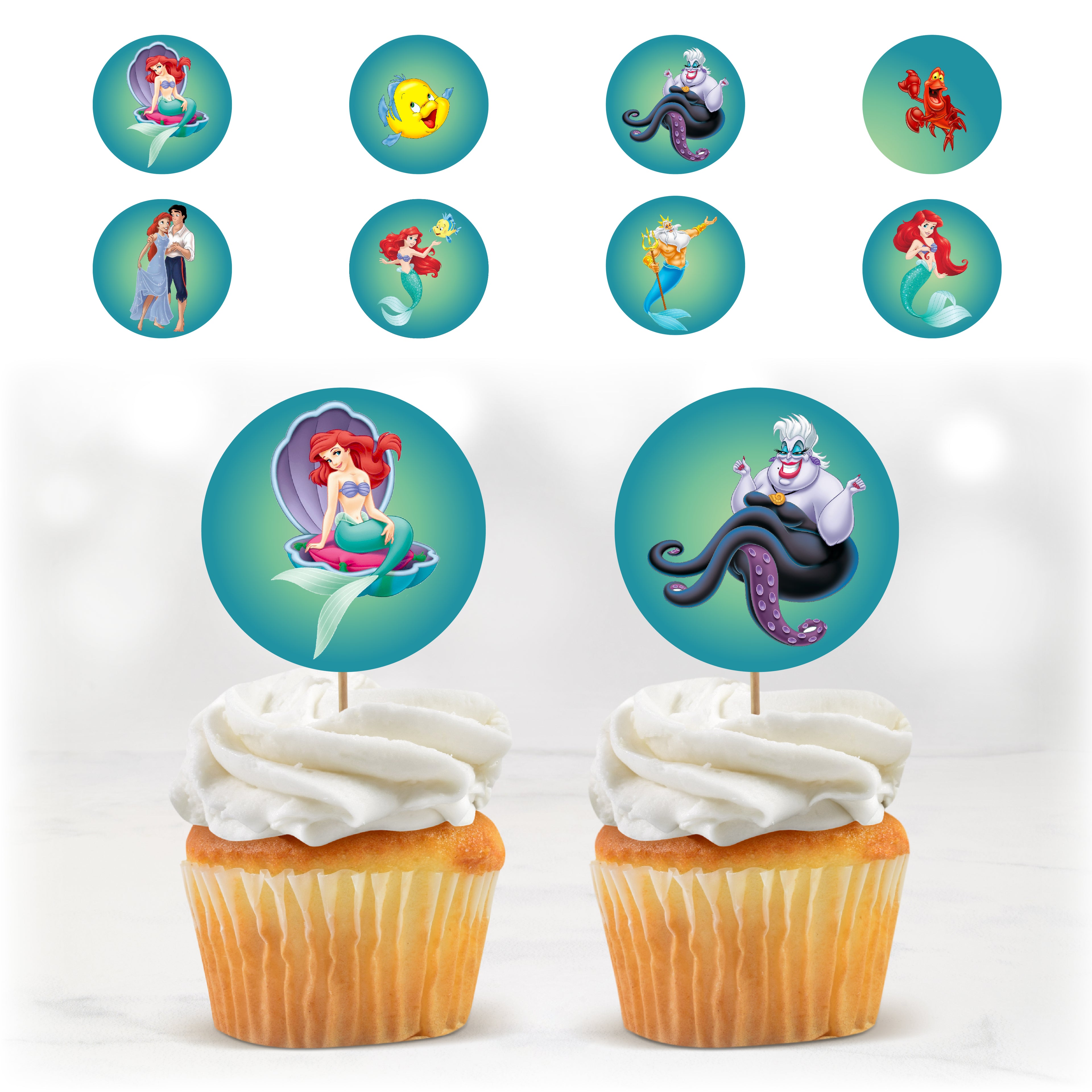 Cupcake toppers La Petite Sirène à imprimer – décorations rondes avec Ariel, Ursula, Polochon et personnages de l’univers marin, posées sur cupcakes pour anniversaire enfant.