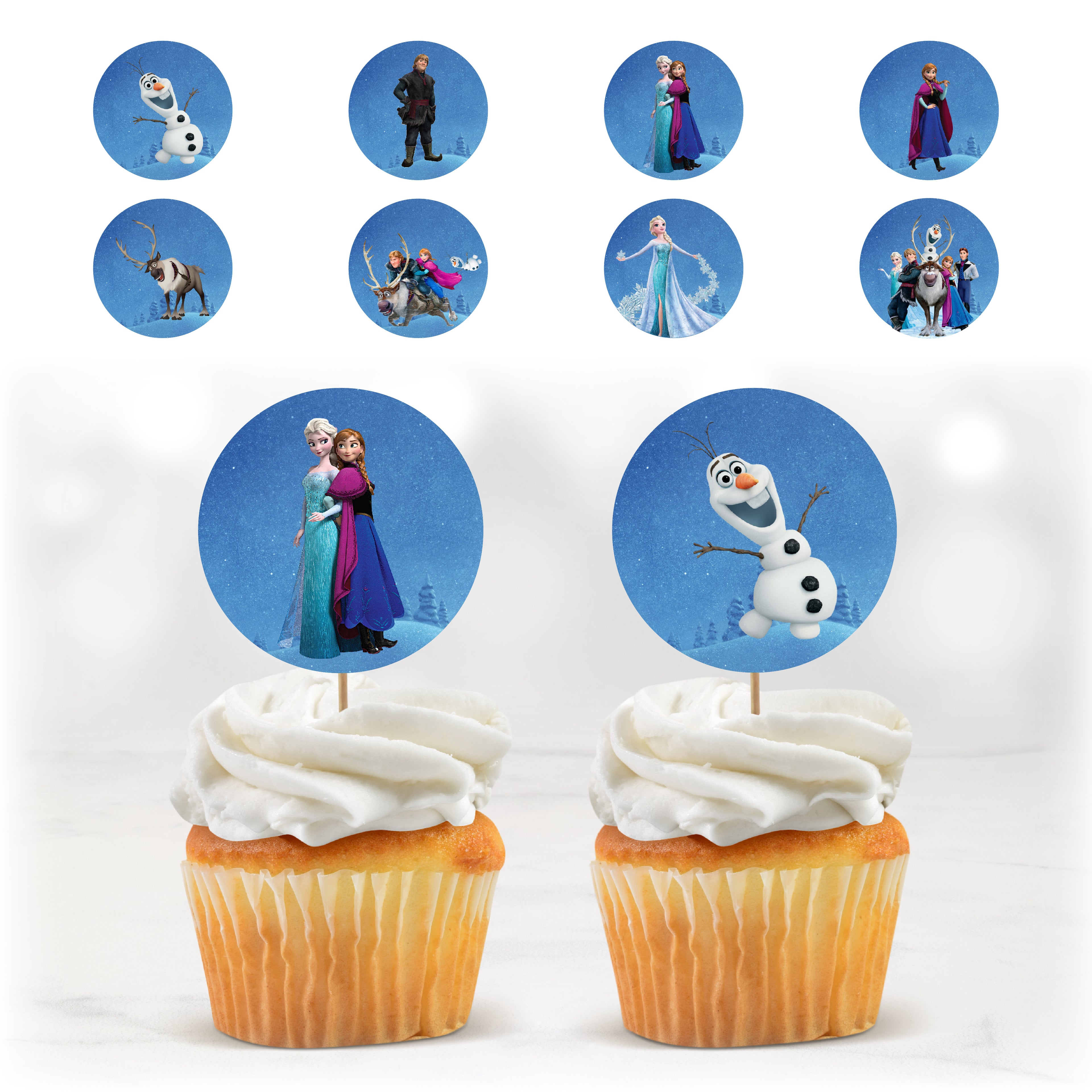 Cupcake toppers La Reine des Neiges à imprimer avec Elsa, Anna et Olaf, décorations de cupcakes pour anniversaire enfant thème Frozen, décoration de gâteau DIY hivernale et féerique.