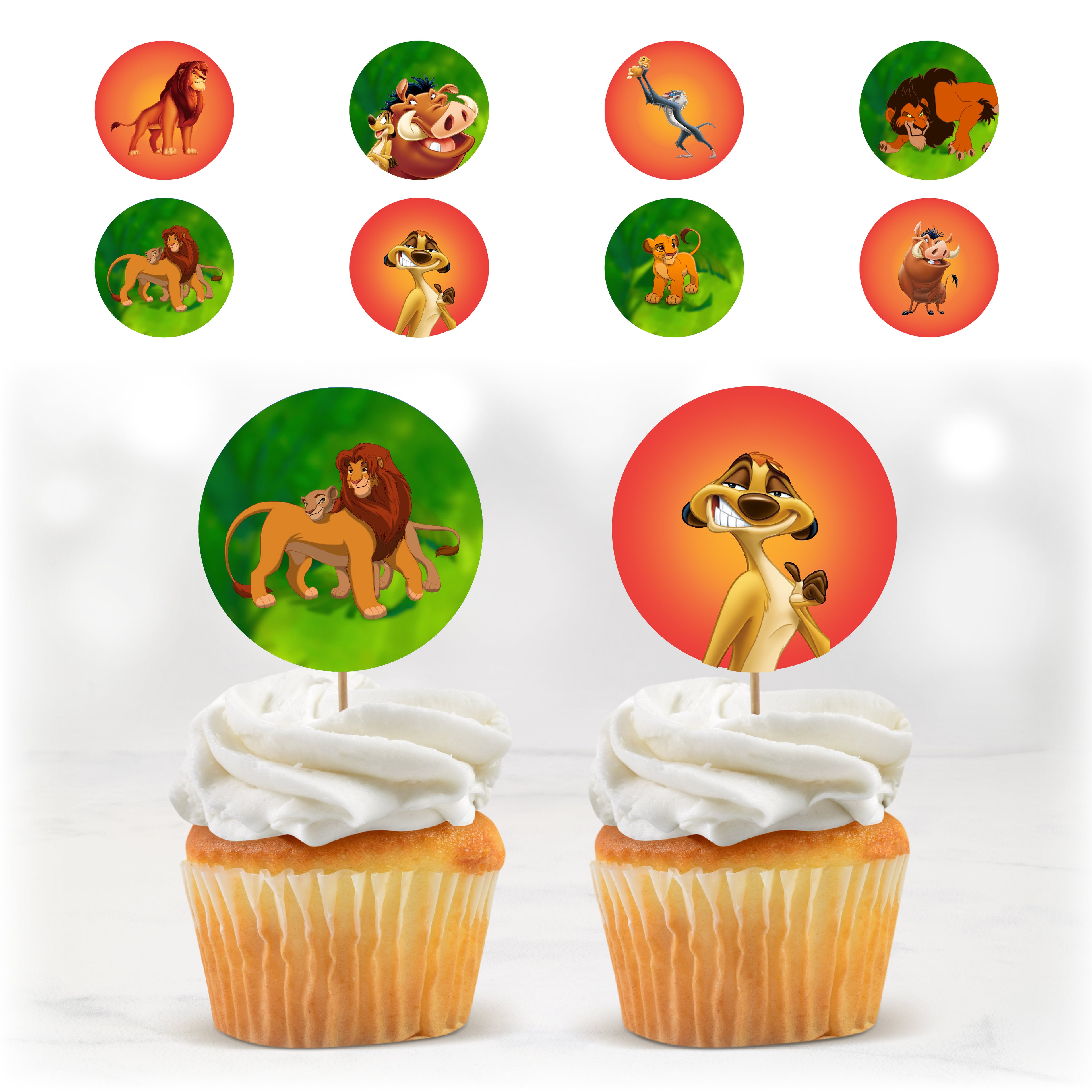 Cupcake toppers Le Roi Lion à imprimer avec Simba, Timon, Pumbaa et les personnages emblématiques, décorations de cupcakes pour anniversaire thème savane.