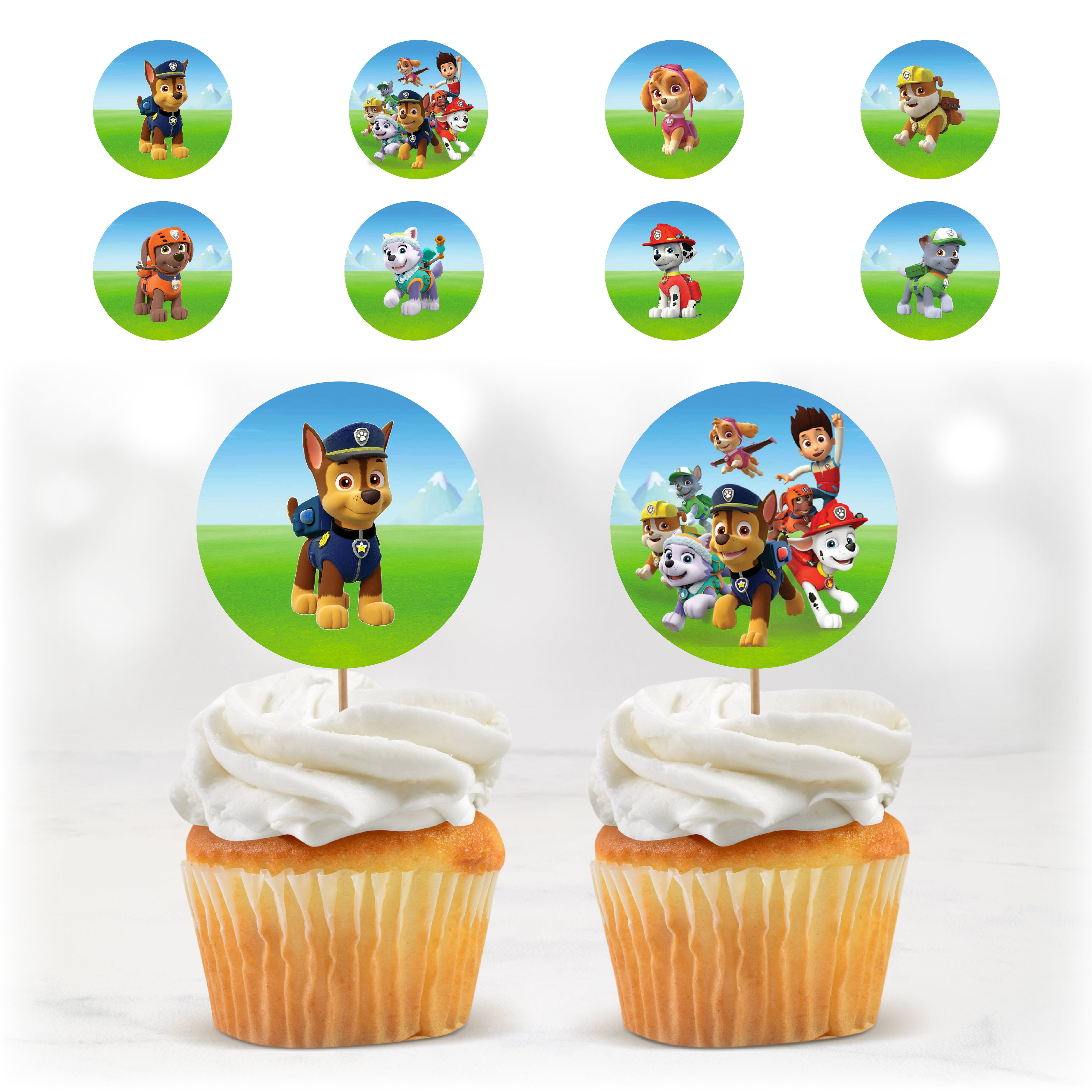 Cupcake toppers Pat’Patrouille à imprimer, décorations rondes avec Chase, Marcus, Stella et les chiots Paw Patrol plantées sur des cupcakes pour anniversaire enfant.