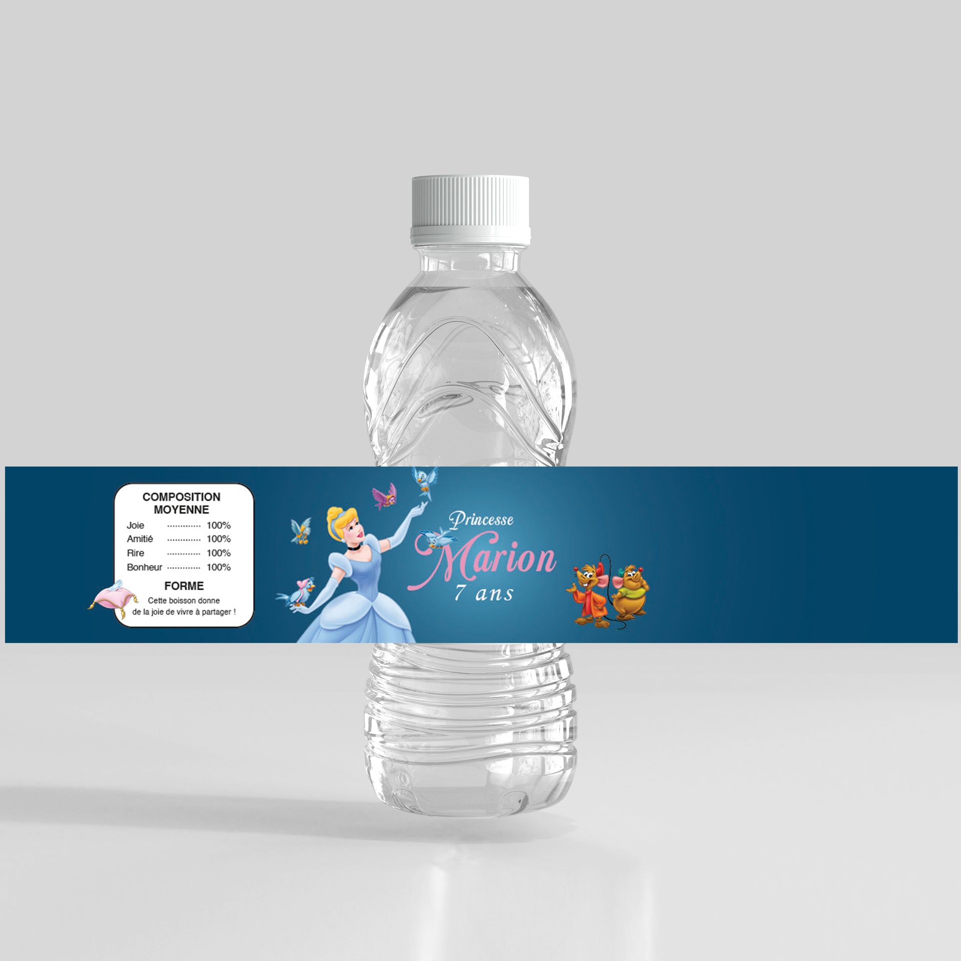 Étiquette de bouteille personnalisée thème Bal Enchanté avec princesse et souris, décor bleu nuit et papillons – format imprimable à personnaliser avec prénom et âge.