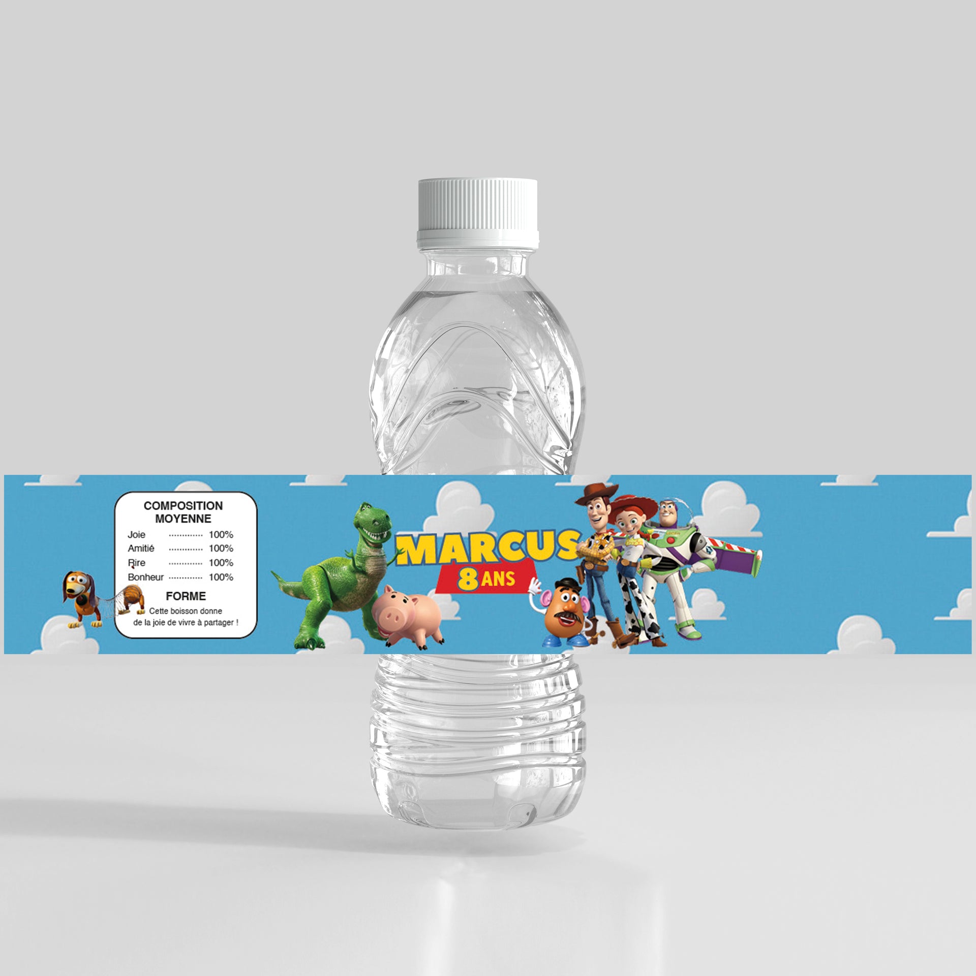 Etiquette anniversaire personnalisée thème Toy Story pour bouteille, décor ciel et nuages avec les personnages emblématiques, personnalisation prénom et âge, idée déco fête enfant amusante et colorée.