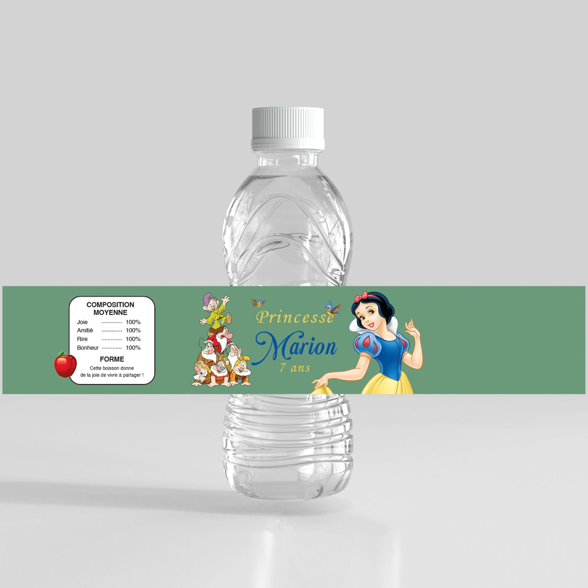 Étiquette personnalisée Blanche-Neige à imprimer pour bouteille 50 cL – déco anniversaire fille thème princesse forêt, nains, conte de fées.