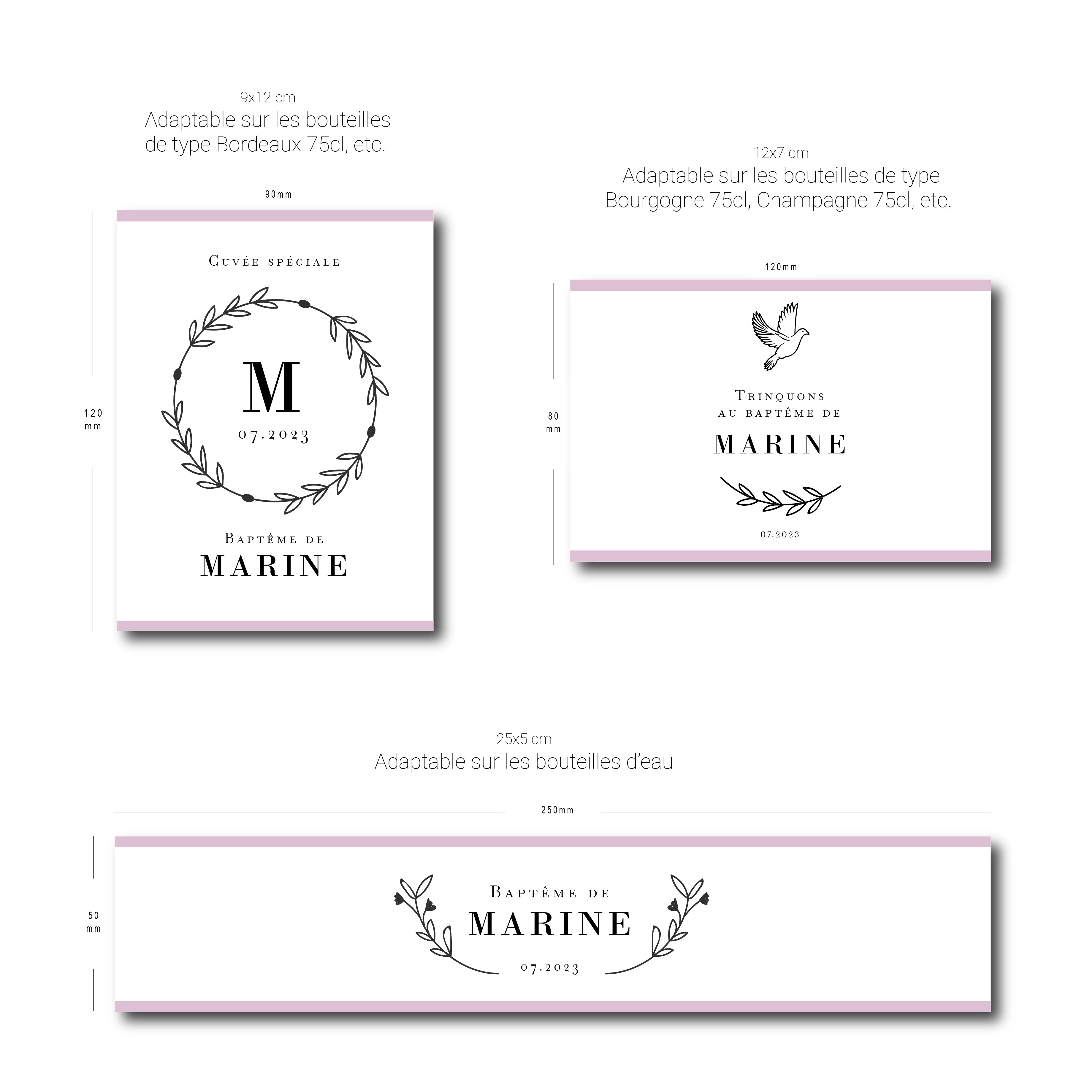Étiquettes baptême personnalisées fille – design colombe et feuillage – pour bouteilles de vin, champagne et eau – thème laurier rose élégant.