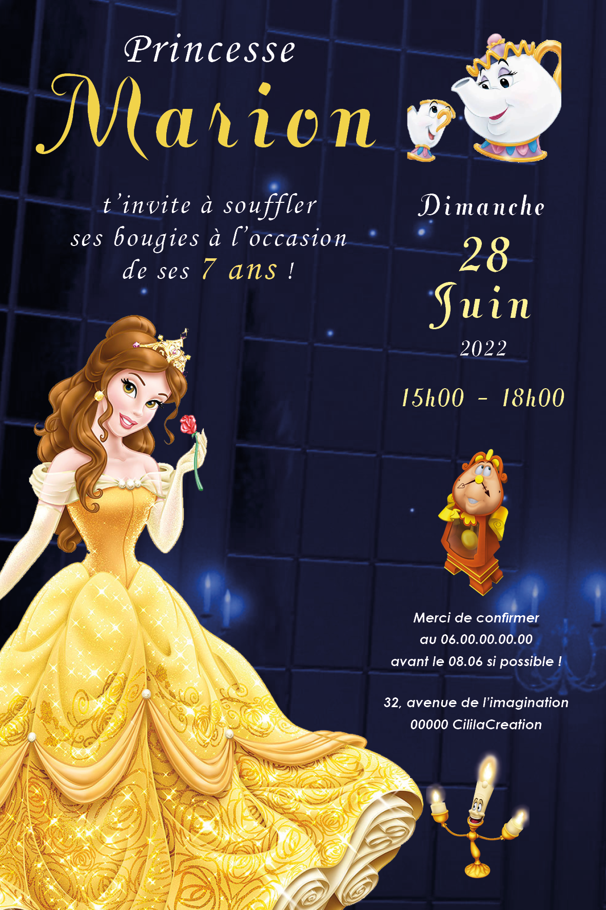 Invitation anniversaire personnalisable - La Belle et la Bête