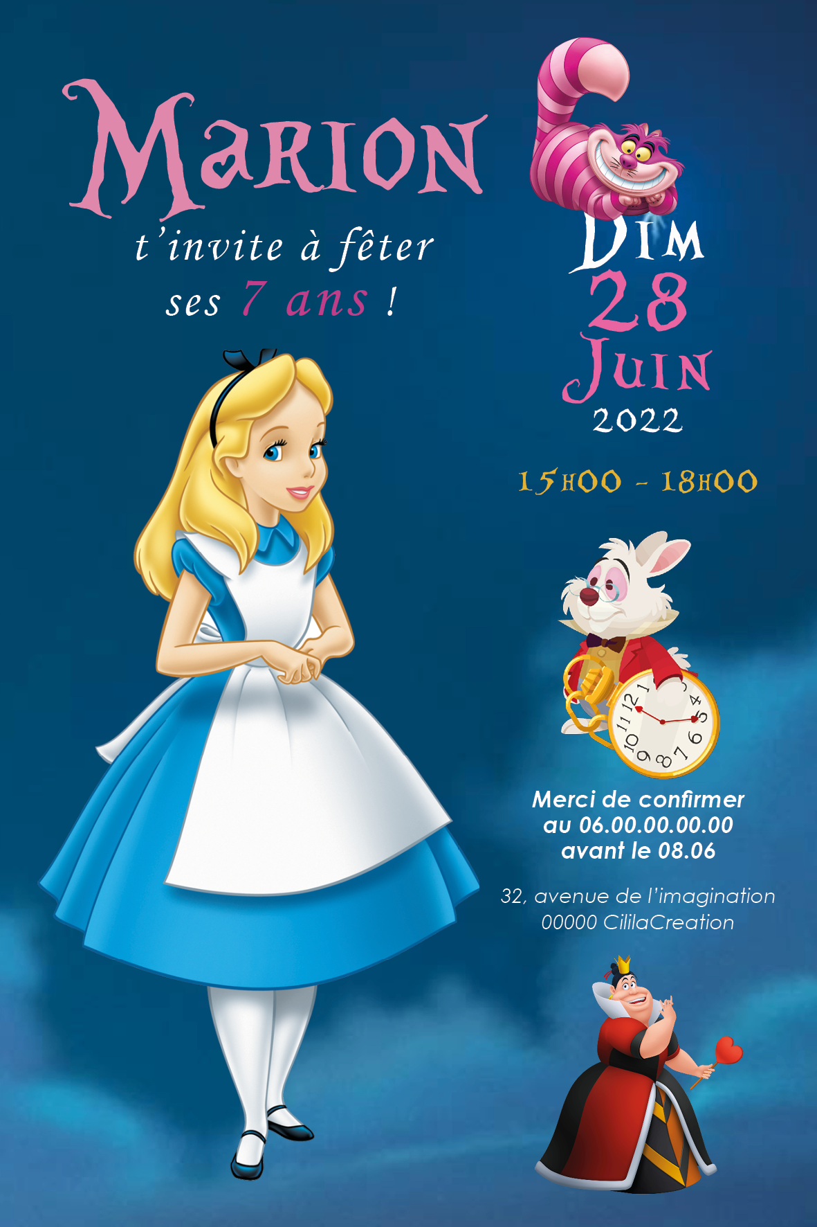 Invitation anniversaire personnalisable - Alice au pays des merveilles