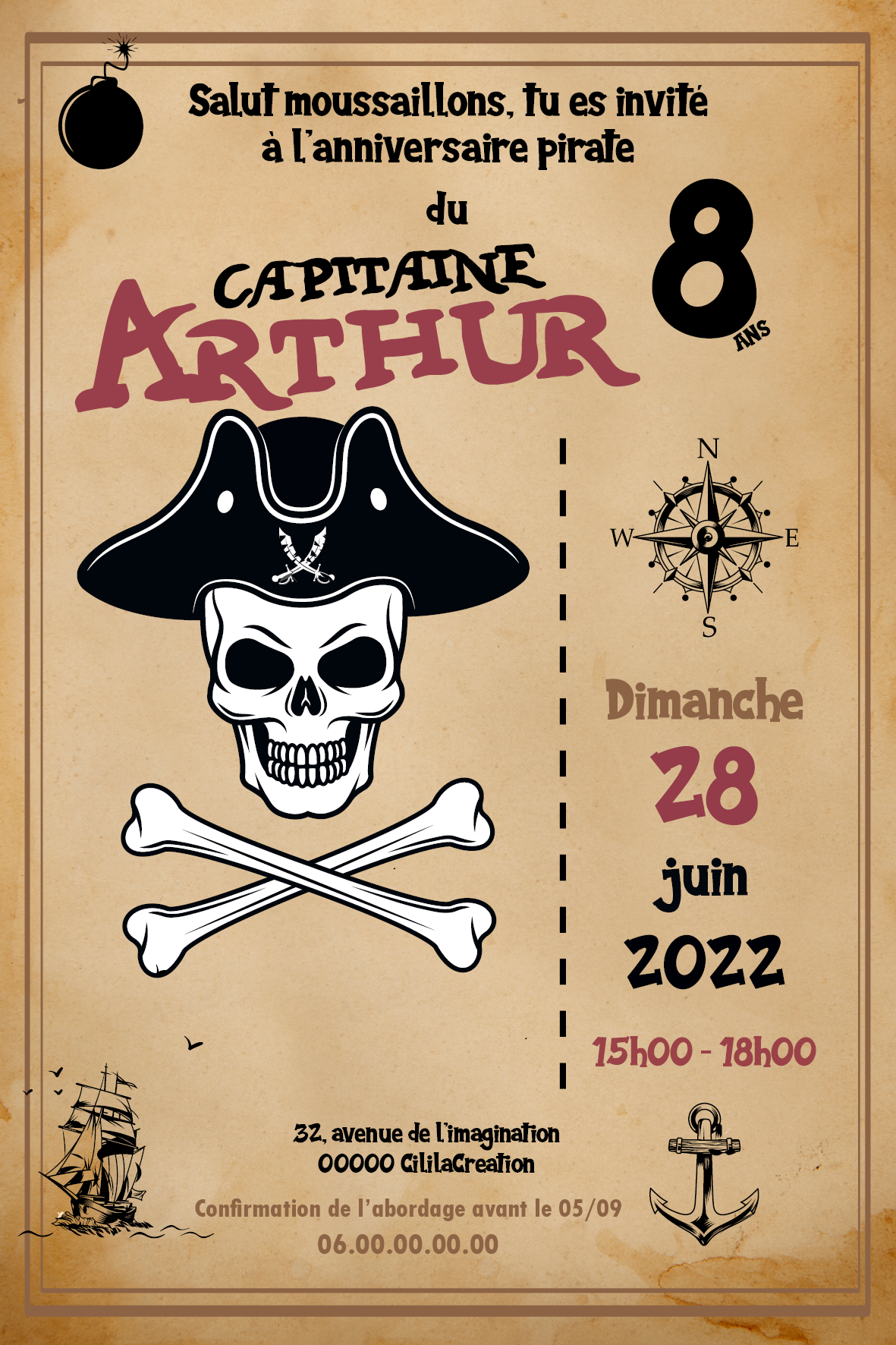 Carte invitation anniversaire enfant personnalisée Thème pirate