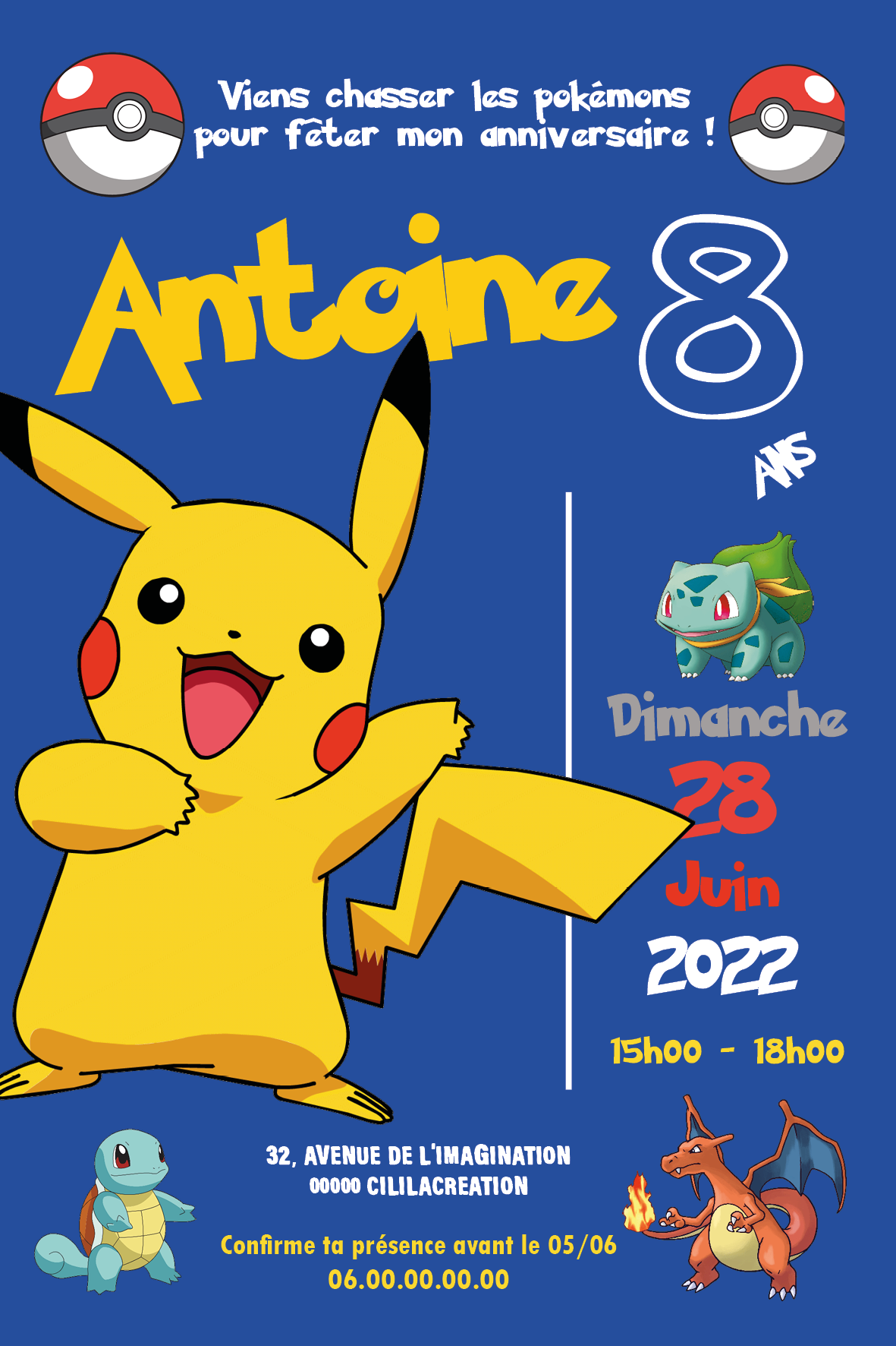 Invitation Pokémon. Invitation d'anniversaire Pokémon. Carte d'anniversaire  Pokémon. Fête Pokémon. Invitation Pokémon GO. Invitation Pikachu. -   France