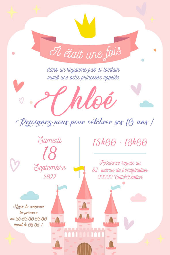 Invitation anniversaire personnalisable - Princesse - CililaCreation